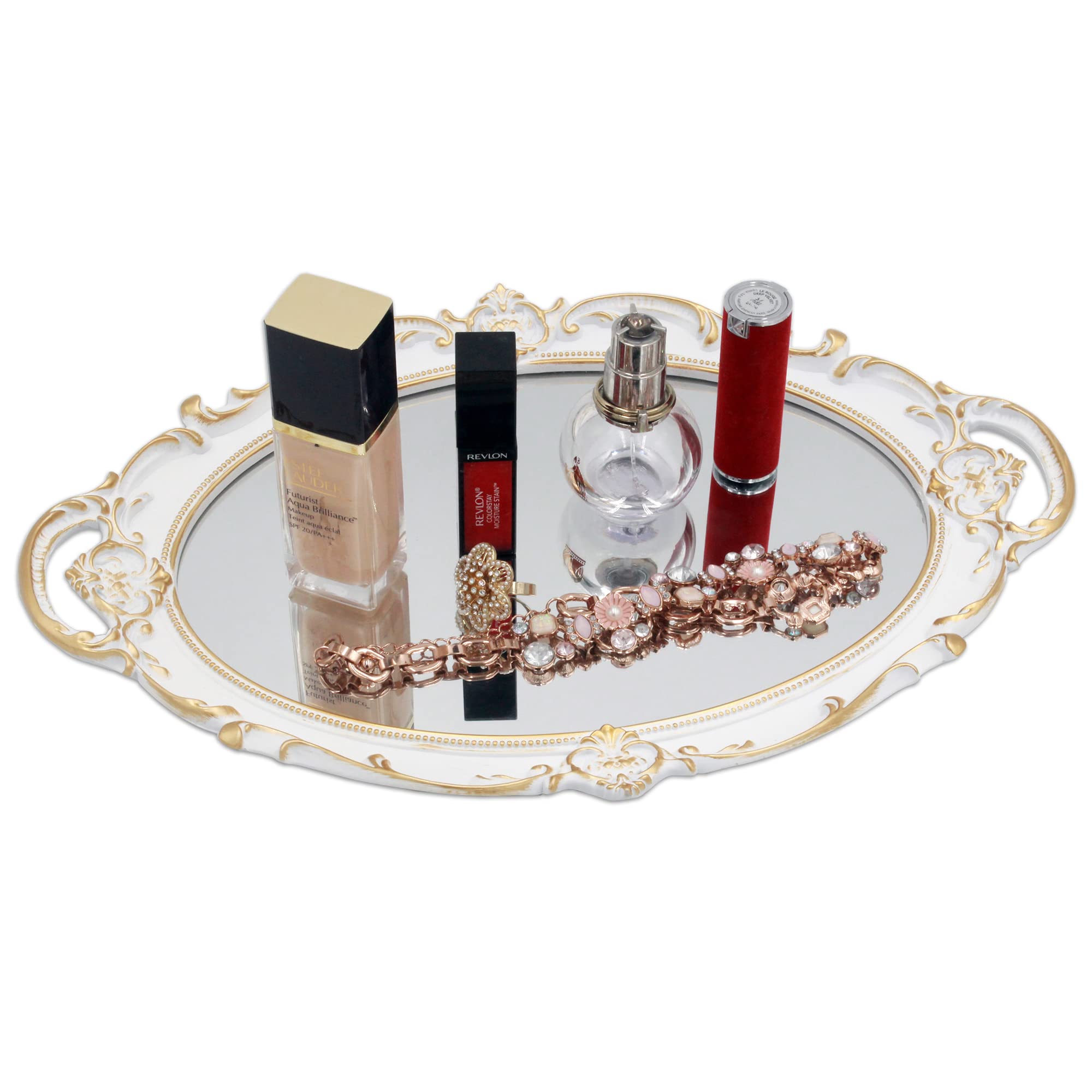 Funerom Vintage 14.5 x 10 inch Mirror Tray, Makeup Organizer, Jewelry Organizer, Serving Tray,Oval Antique White