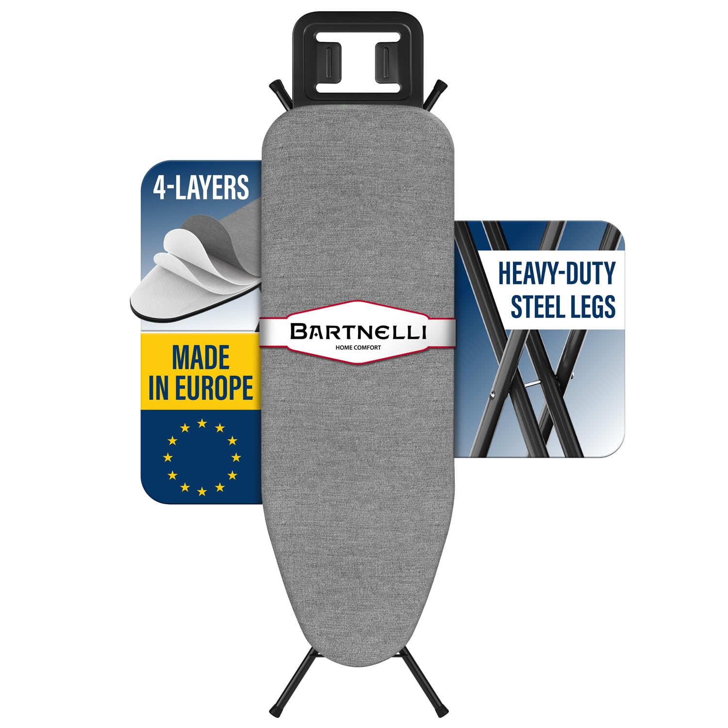 Bartnelli Ironing Board Made In Europe  Iron Board With 4 Layered Cover & Pad, Height Adjustable Up To 36 Features A Safety Iron