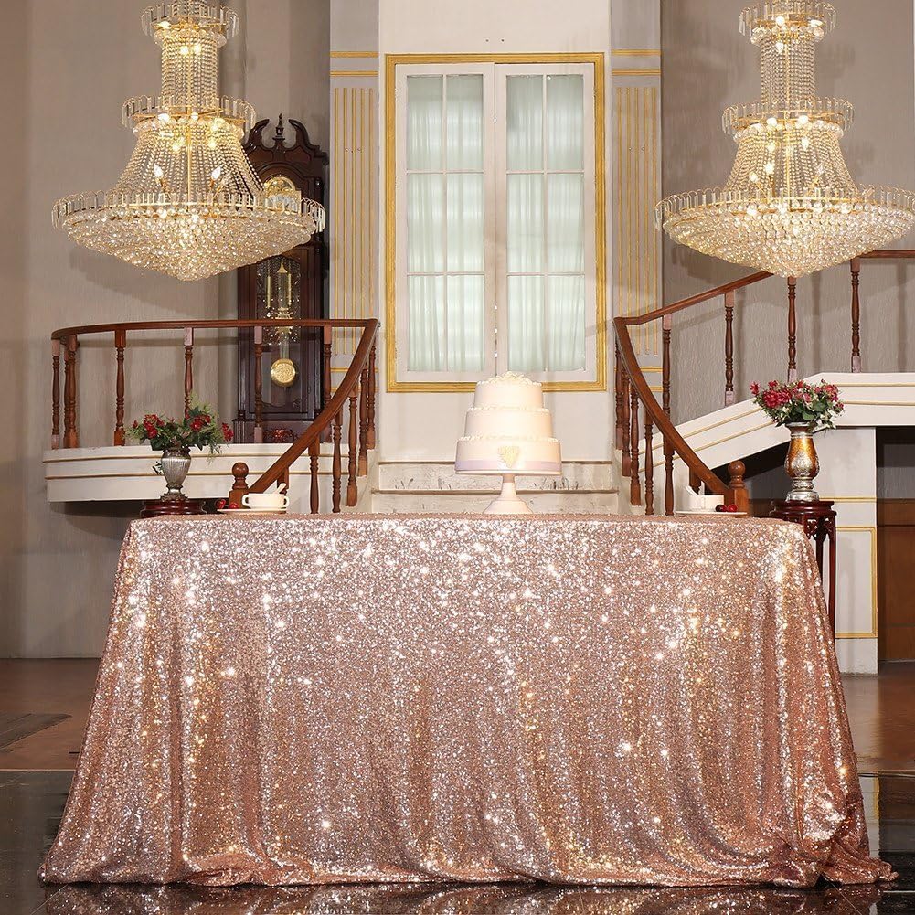 PartyDelight Sequin Tablecloth, Wedding, Sweetheart, Christmas Ceremony Party Halloween Rectangular, 48x72, Rose Gold