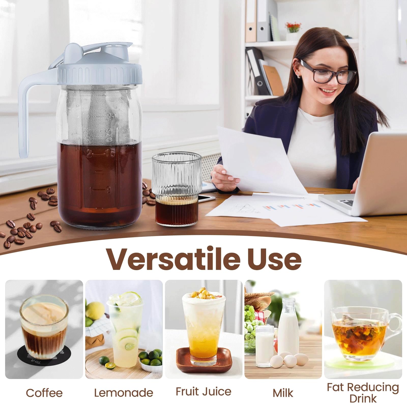 QHH Cold Brew Coffee Maker, 32 oz Glass Pitcher with Stainless Steel Filter, Gray, Airtight & Leak-Proof for Iced Coffee & Tea