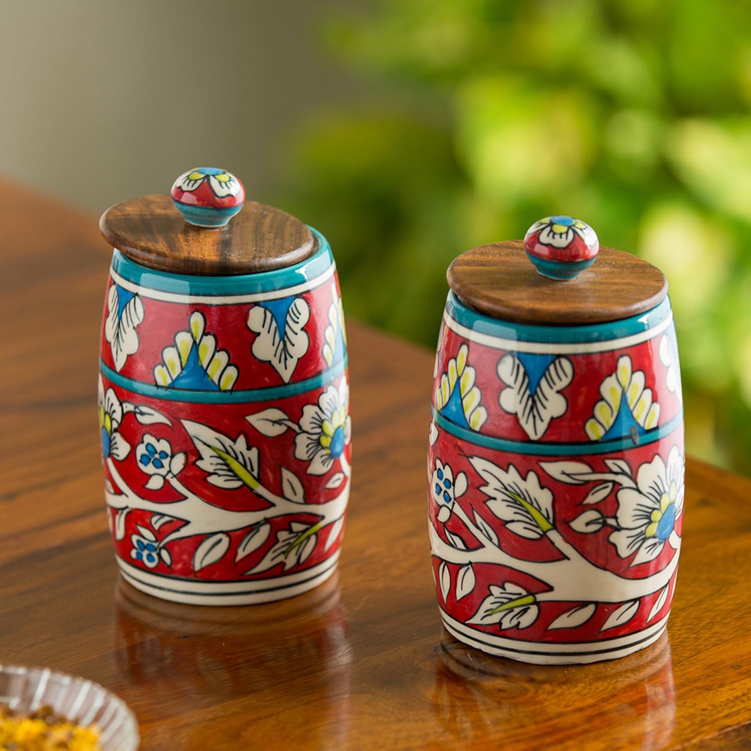 Exclusivelane Mughal Drum Airtight Ceramic Jars For Kitchen Storage (Set Of 2, 570 Ml, Multicolor)| Ceramic Jar With Wooden Li