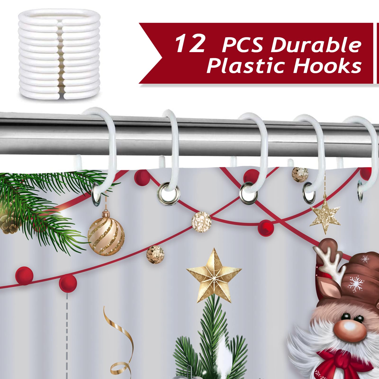 Bonhause Christmas Gnomes Shower Curtain Xmas Tree Balls Gift Boxes Winter Holiday Decorative Bath Curtain 72 X 72 Inch Polyeste