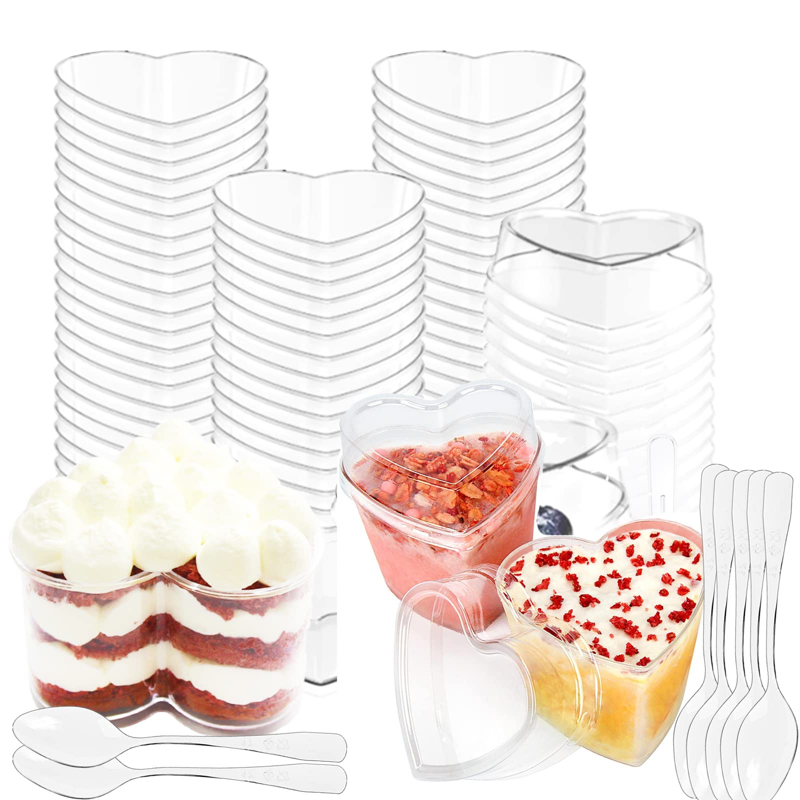 Yuxitia 50 Pcs Heart Plastic Mini Dessert Cups With Lids And Spoons 5 Oz Clear Parfait Cups Appetizer Cups With Lid For Party Pu