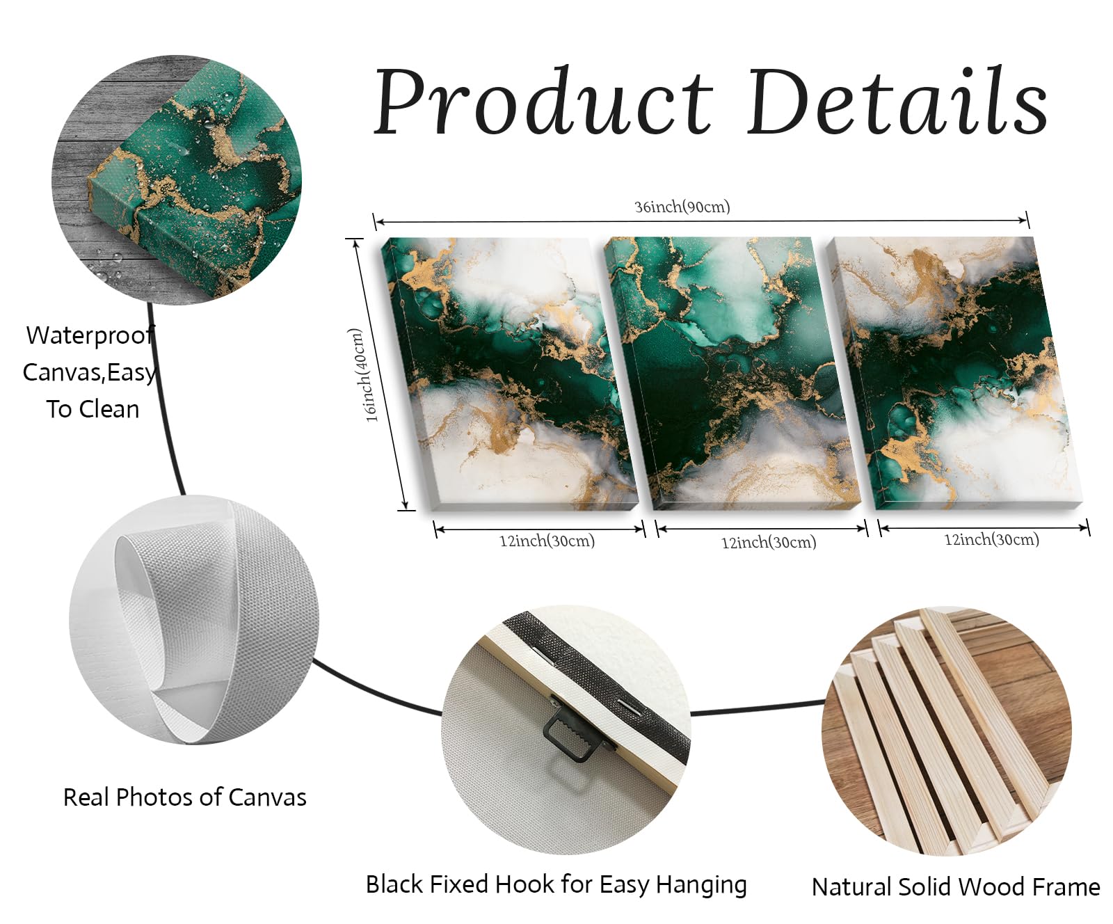 JiazuGo Emerald Green Bathroom Decor Modern Abstract Canvas Wall Art Bedroom Living Room Wall Decor Green and Gold Fluid Abstract Marble Texture Painting Pictures Home Decorations 12'' X 16'' X 3 Pieces