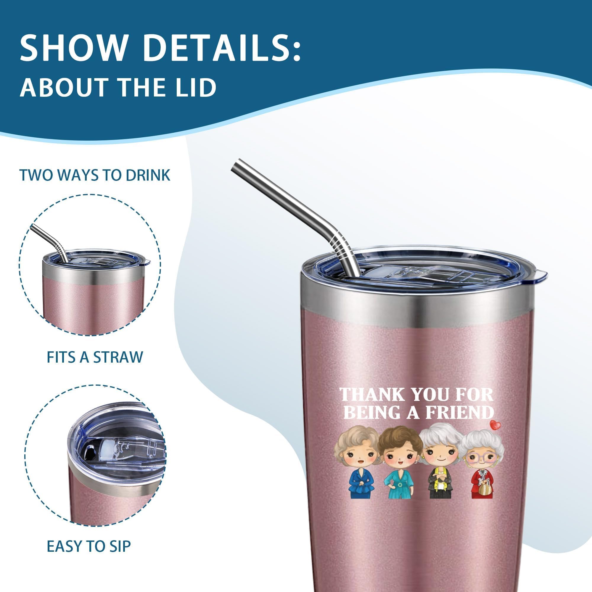 Thank You for Being A Friend Mug Gifts -Mothers Day Gifts for Mom   Friendship Birthday Gifts for Women Buddies Besties Sister Female - Golden Girls Coffee Tumbler Cups with Lid Straw 20 OZ (Rosegold)