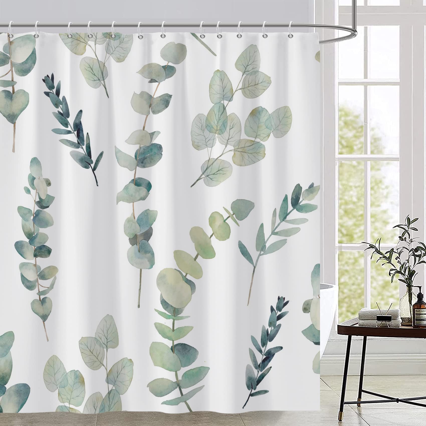 Awert Shower Curtain Green Plants For Bathroom Waterproof Quick-Drying Eucalyptus Leaves Shower Curtain Set With Hooks 72X72 Inc