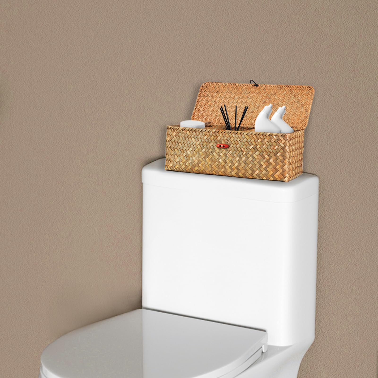 Taotazon Woven Basket For Toilet With Lid, Seagrass Tank Woven Basket Organizer With 3 Sections, Woven Basket With Wood Tray For