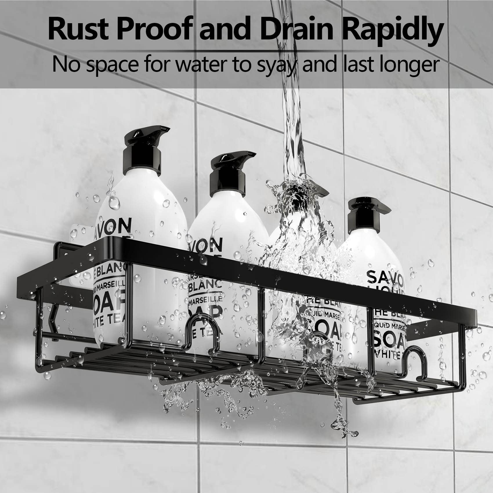 Yawsoup 4 Pack Shower Caddy Organizer, Stainless Steel Shower Shelf With Hooks, Adhesive Bathroom Shelves For Storage And Organi