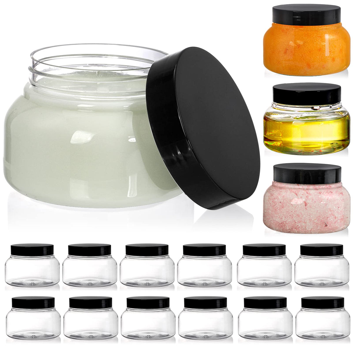 Yarlung 16 Pack 8 Oz Plastic Jars With Lids, Clear Body Scrub Jars Empty Refillable Containers Round Low Profile Samples Jars Fo