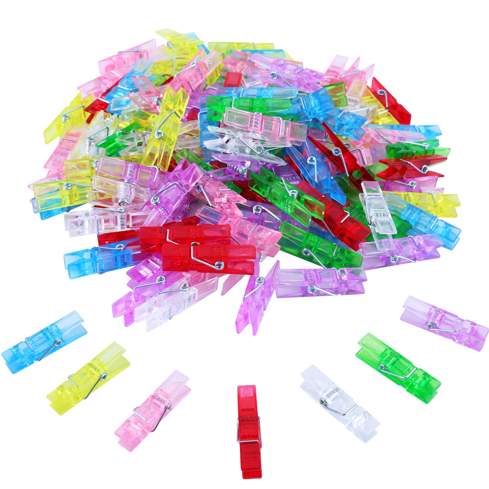140 Pcs Mini Clothes Pins Colored, Small Clear Clips For Hanging Picture, 1.37 Inch Plastic Photo Clips, 7 Colors