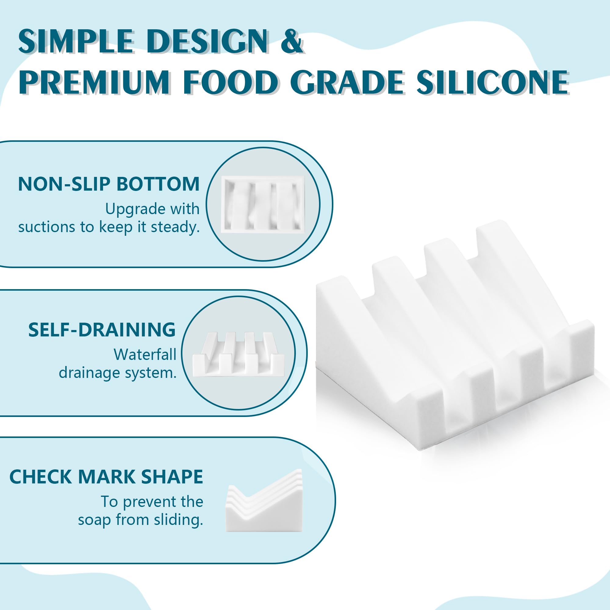 Soap Dishes, Silicone Shower Soap Dish With Drianage, Bar Soap Holder & Saver Waterfall Self-Draining To Keep Your Bar Soap Orga