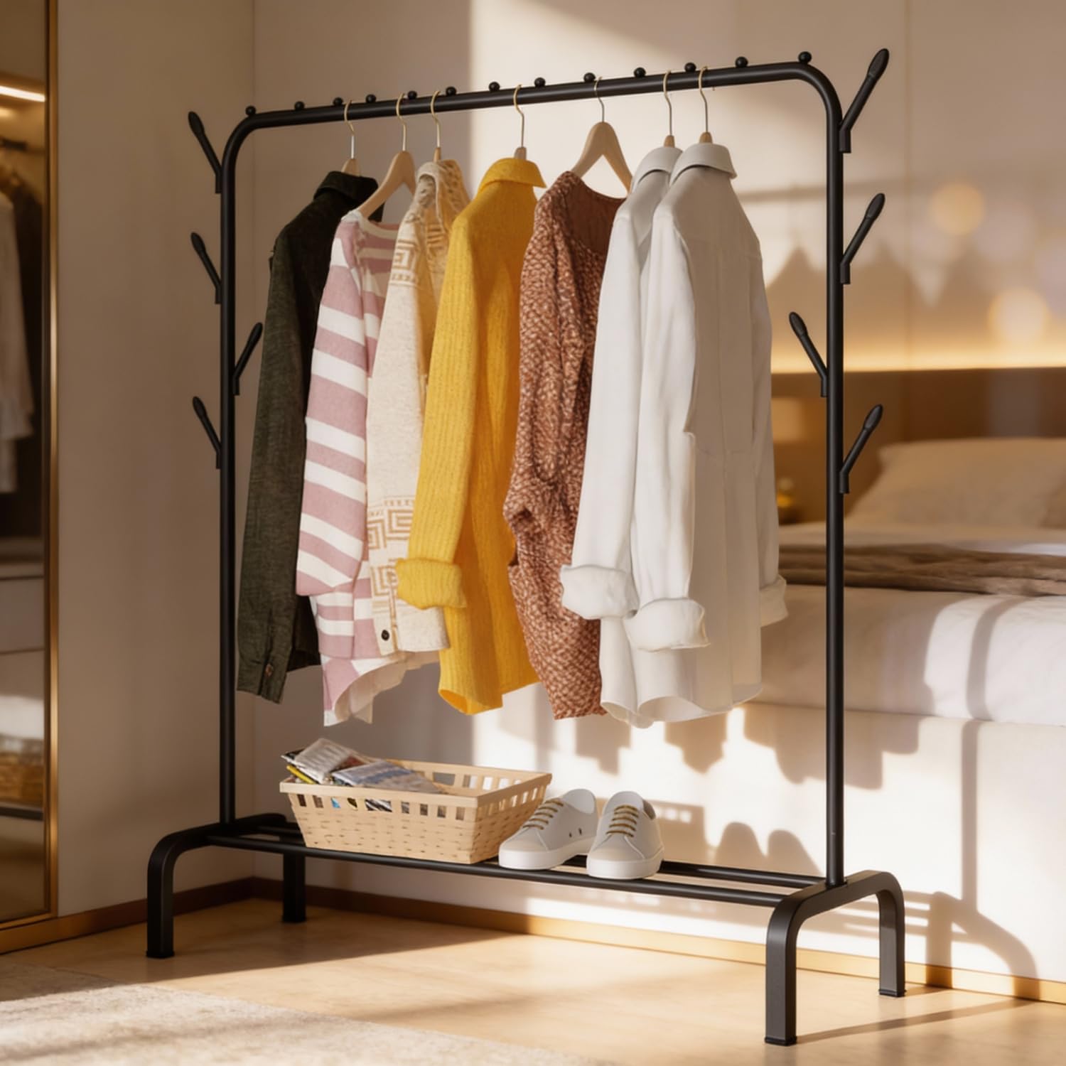 Krishyam Heavy-Duty Metal Cloth Stand With Bottom Storage Shelf & Coat Hanger | Freestanding Garment Rack For Bedroom, Laundry &