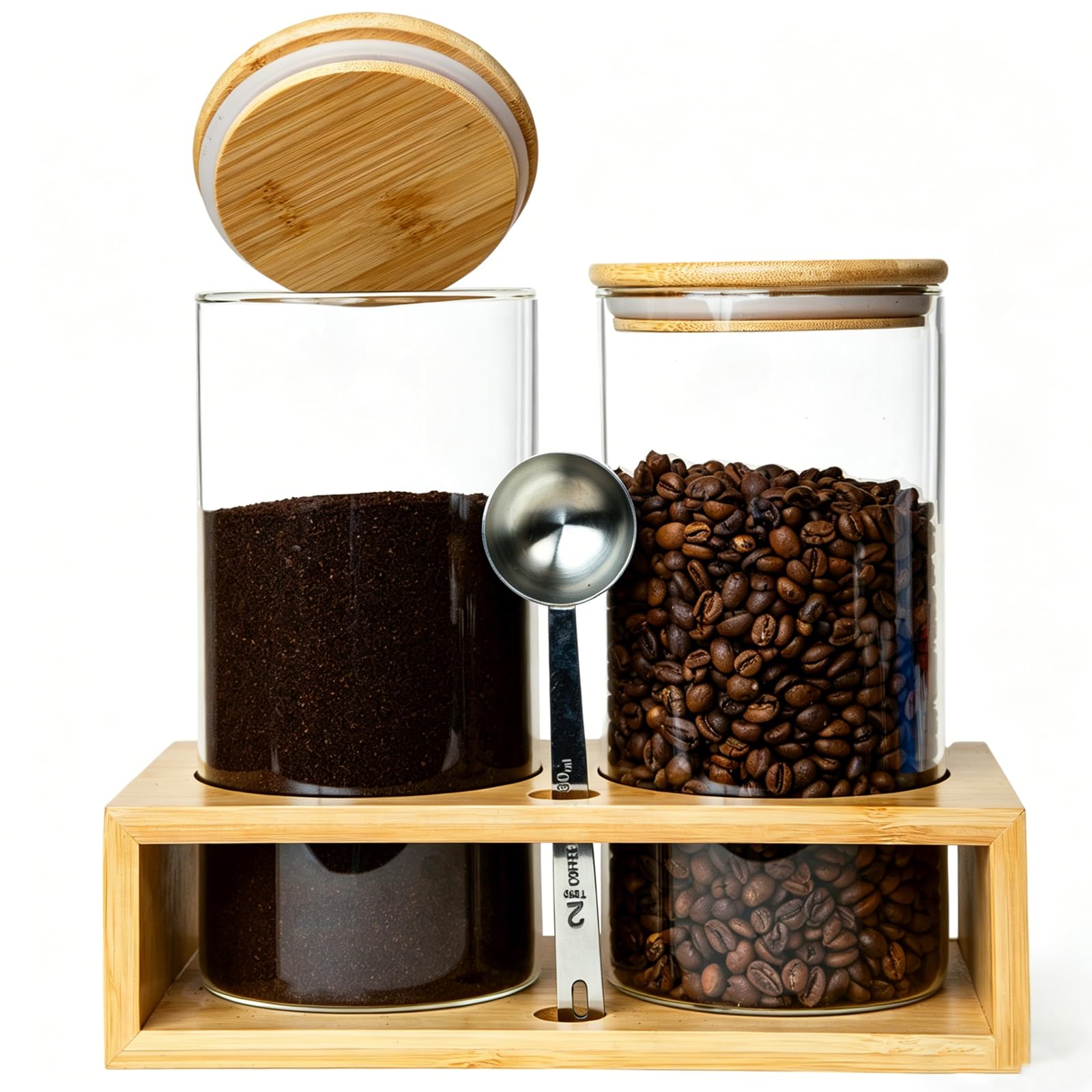 Glass Coffee Containers With Shelf  Coffee Bar Organizer And Accessories, Coffee Jars With Spoon, 2x 49oz Airtight Sealed Coffe