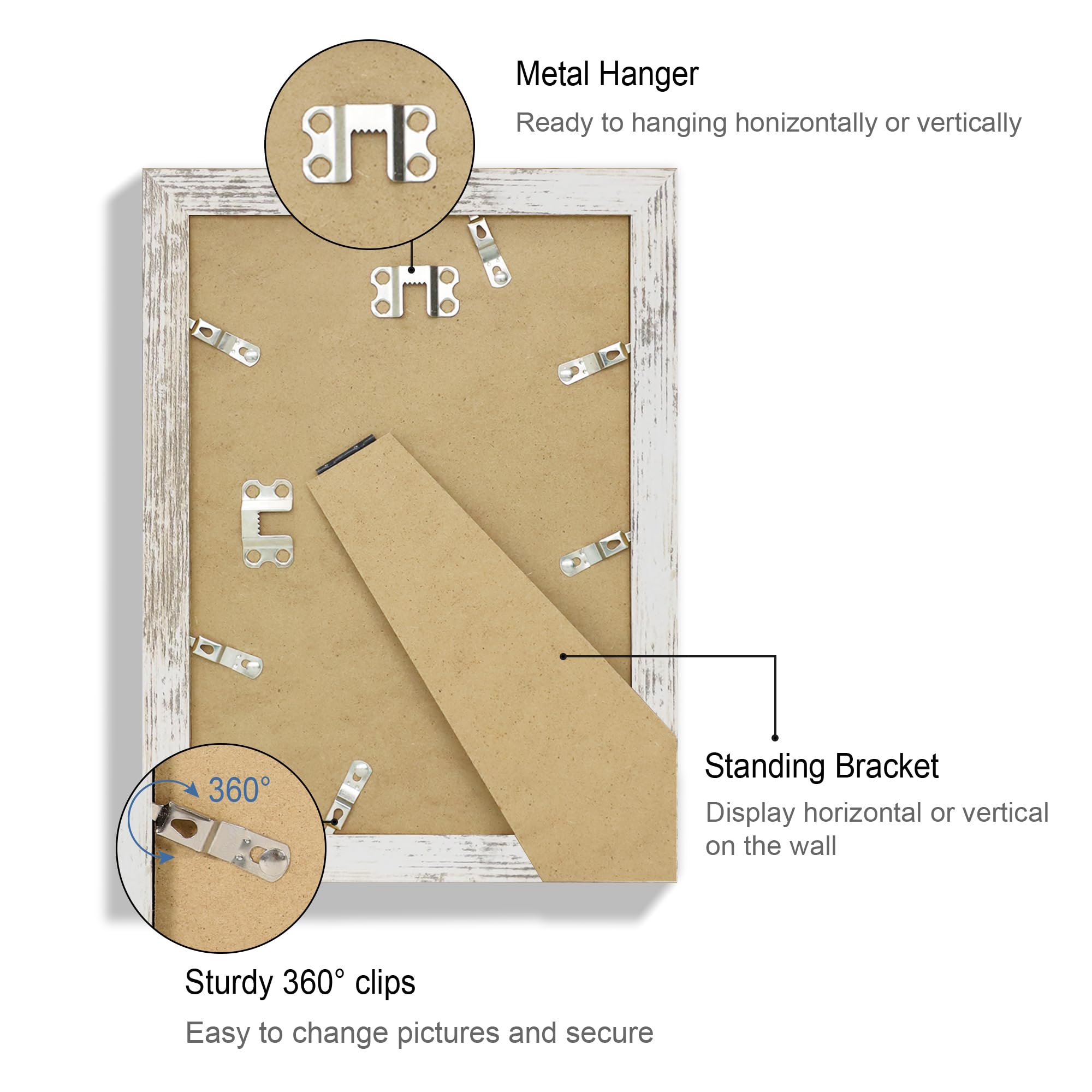 Hongkee 7x10 Picture Frame Set of 4, Made of Real Glass and Distressed White Frame - Display Picture 5.5x8.5 with Mat or 7x10 Wi