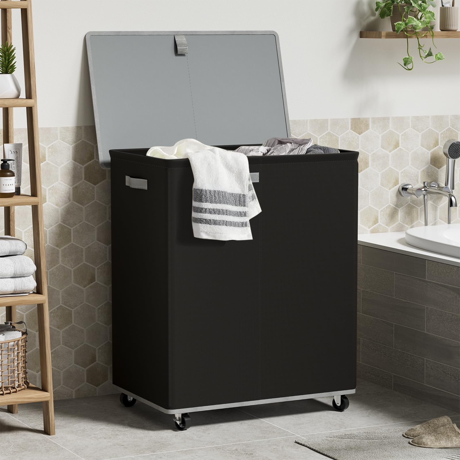 Chrislley Double Laundry Hamper With Wheels 160L Large Laundry Basket With Lid,Rolling Dirty Clothes Hamper 2 Section With Remov