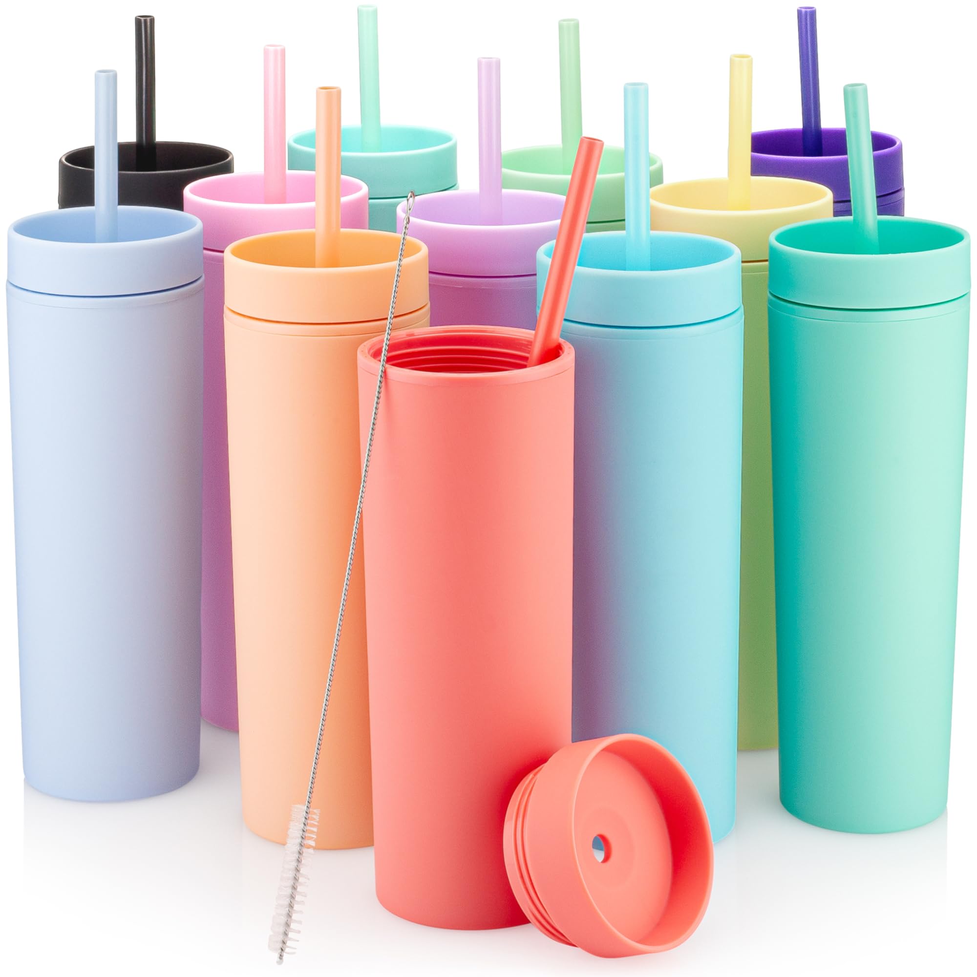 Strata Cups Multicolor Skinny Tumblers With Lids And Straws (12 Pack) - 16Oz Double Wall Acrylic Tumbler, Tall Matte Skinny Tumb