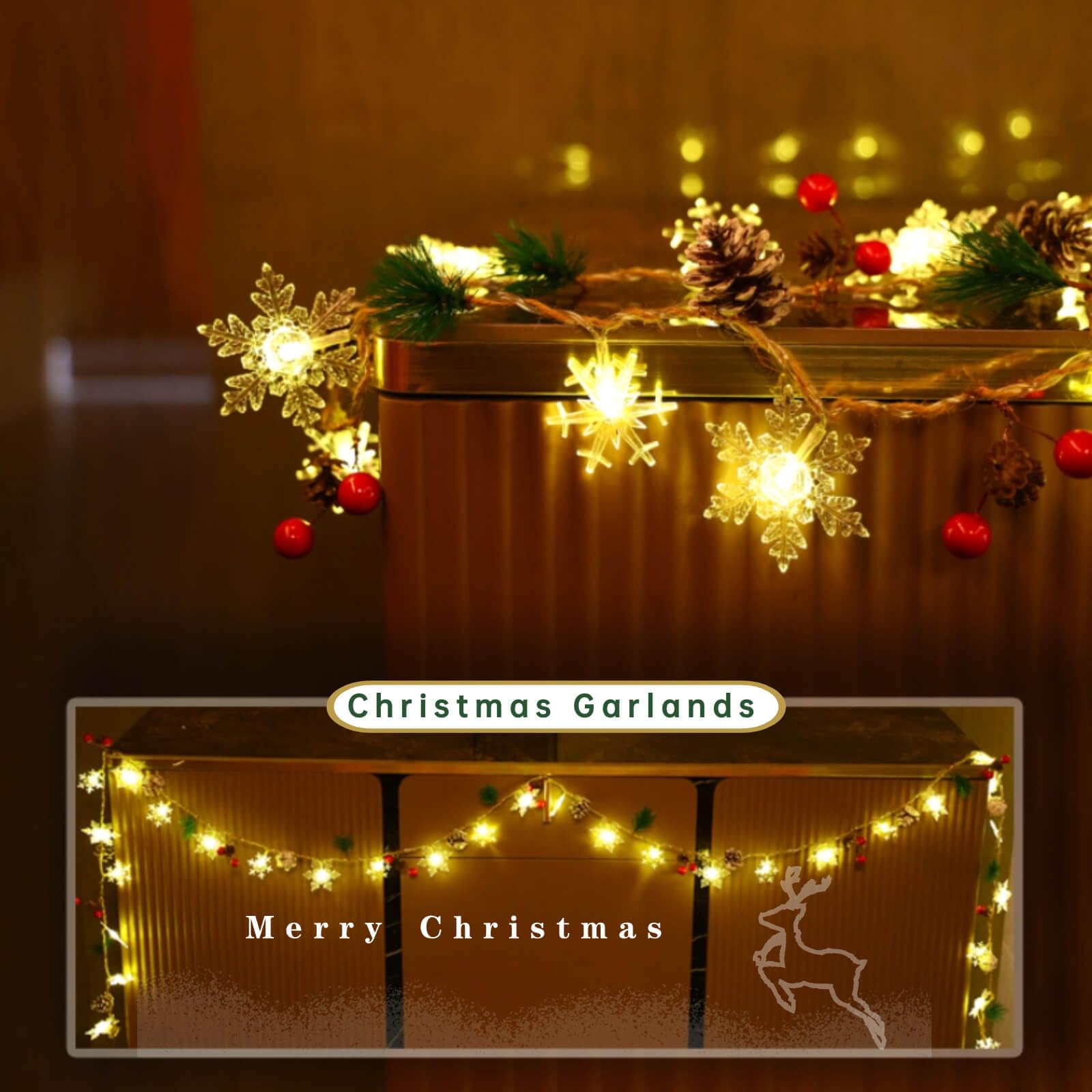 30 Led 10ft Christmas Garland Snowflake Lights, Pine Cones Red Berry Battery Operated Fairy String Lights 8 Lighting Modes with