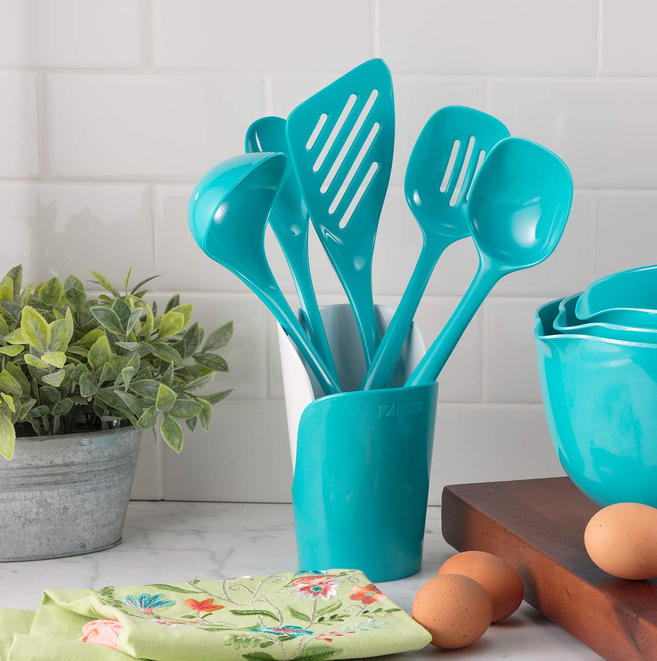 Hutzler Melamine Utensils And Crock Set, One Size, Turquoise