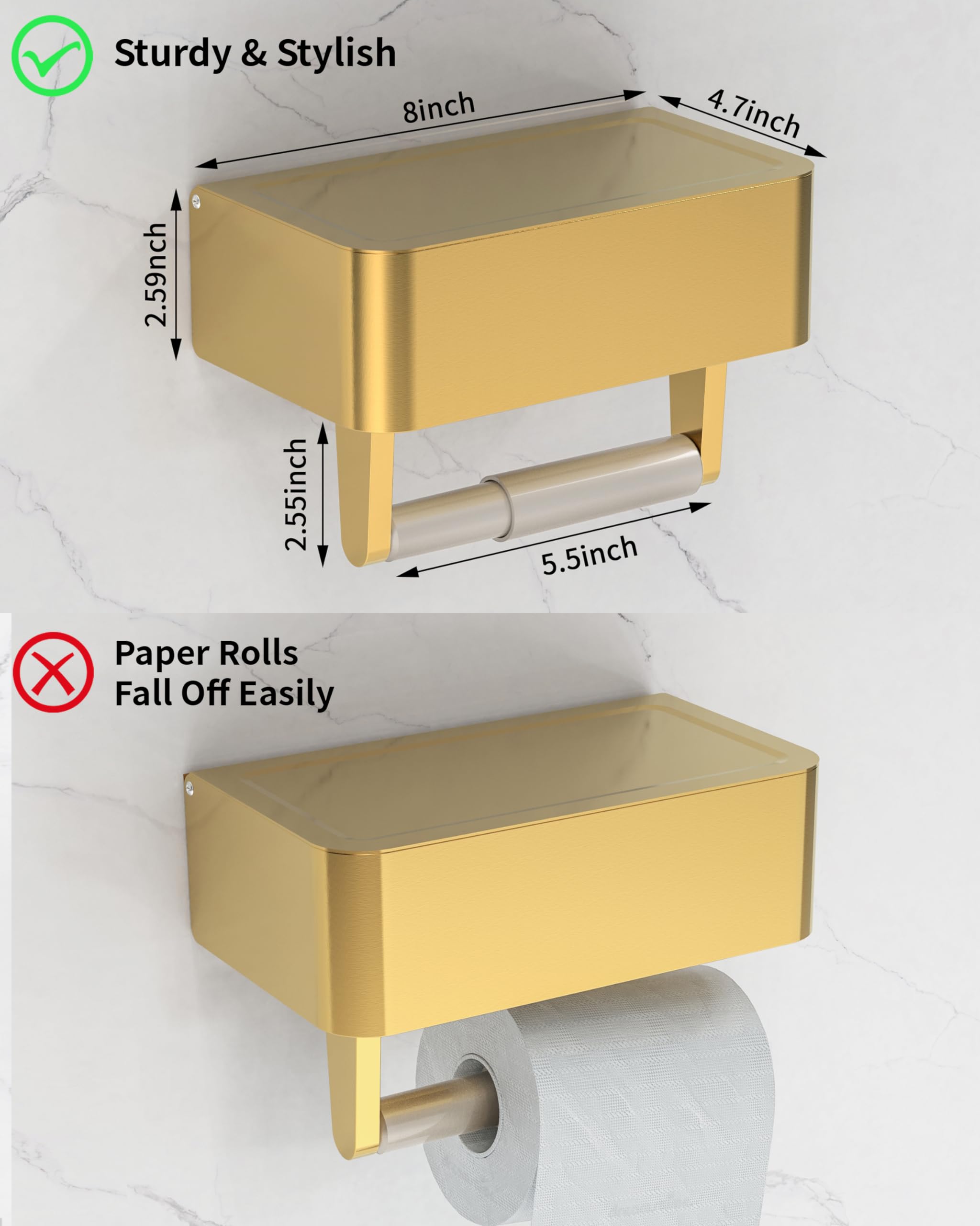 Wzkaly Gold Toilet Paper Holder With Shelf, Wipes Holder For Bathroom, Flushable Wipes Dispenser, Toilet Paper Roll Holder With