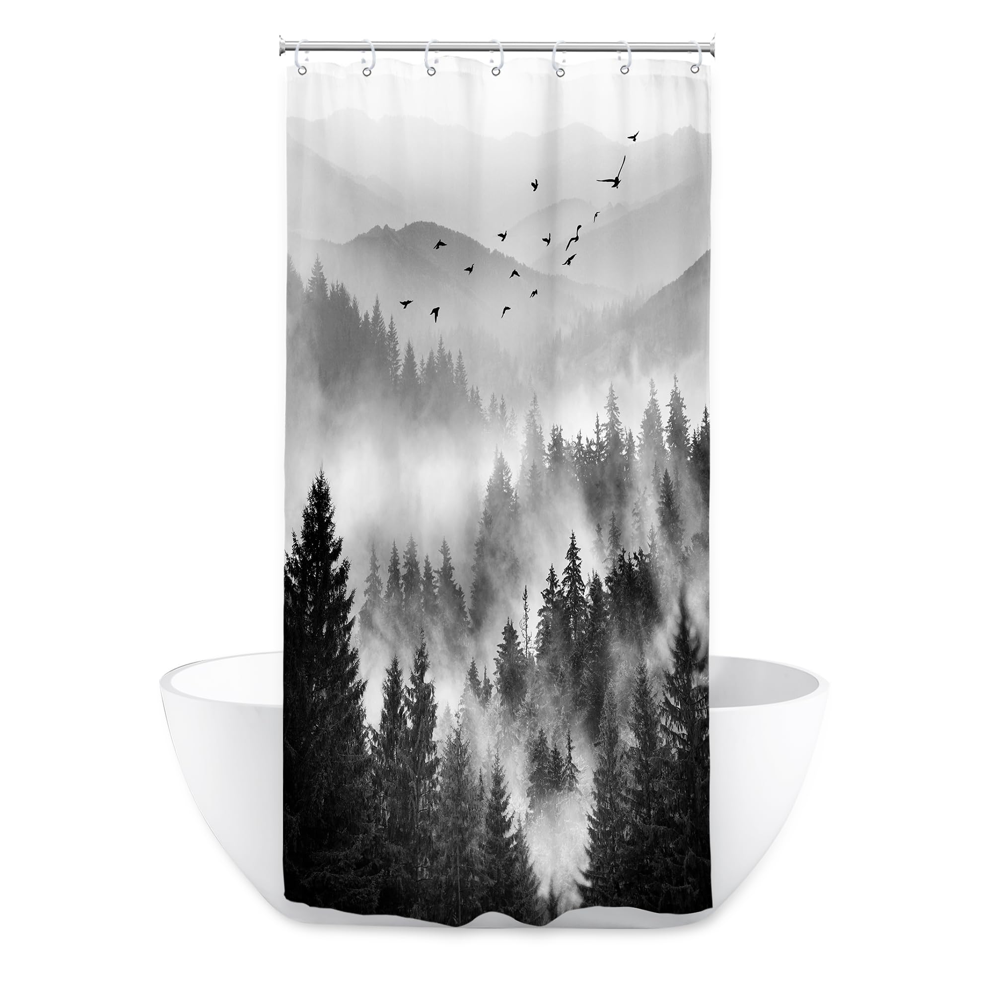 Riyidecor Stall Half Small Rv Shower Curtain 36Wx72H Inch Black And White Mountain Single Stand Up Camper Camp Narrow Scenery Ru