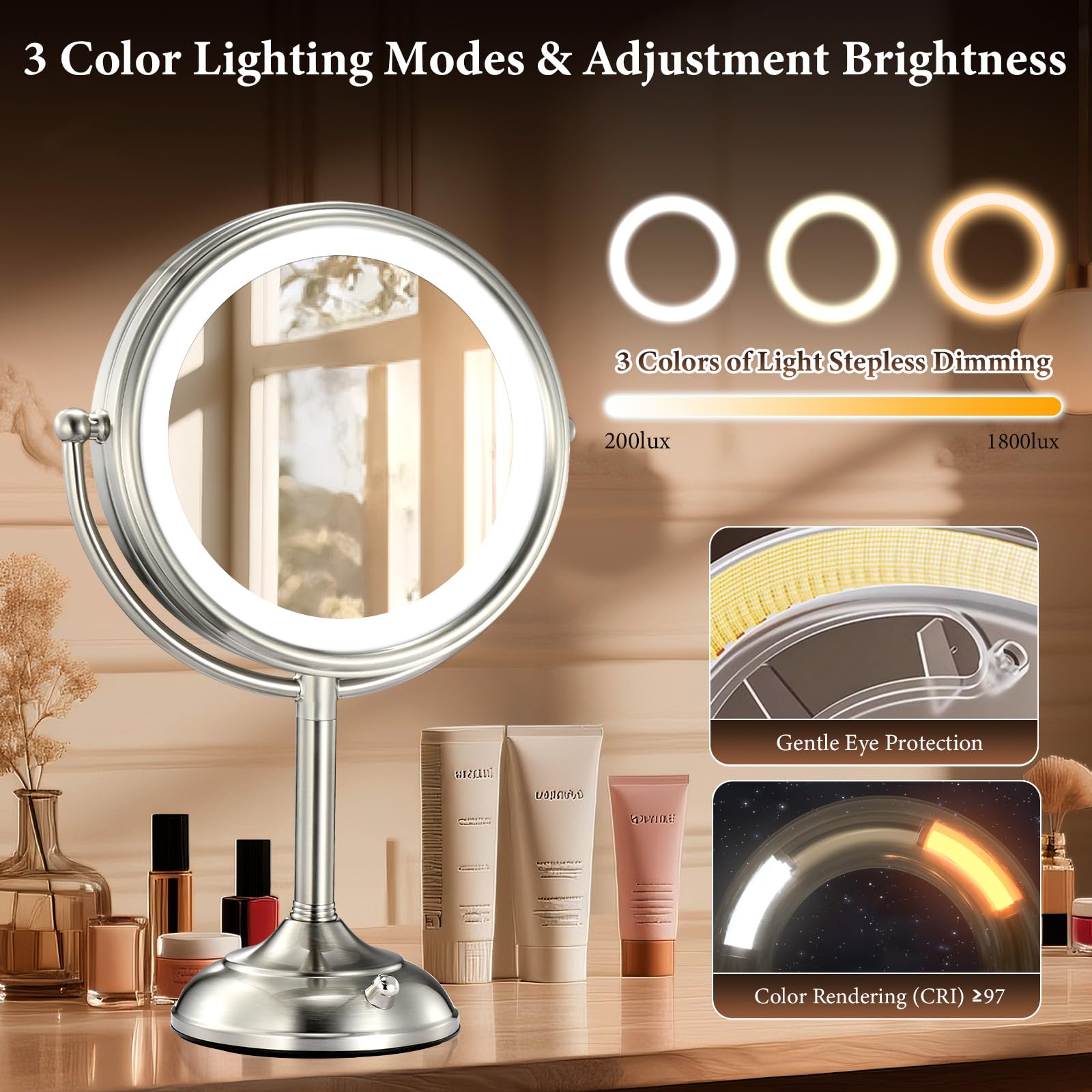 VESAUR Professional 8.5'' Large Lighted Makeup Mirror Updated with 3 Color Lights  1X/10X Magnifying Swivel Vanity Brightness Dimmable Cosmetic Mirror with 48 Premium LED Lights  Senior Pearl Nickel