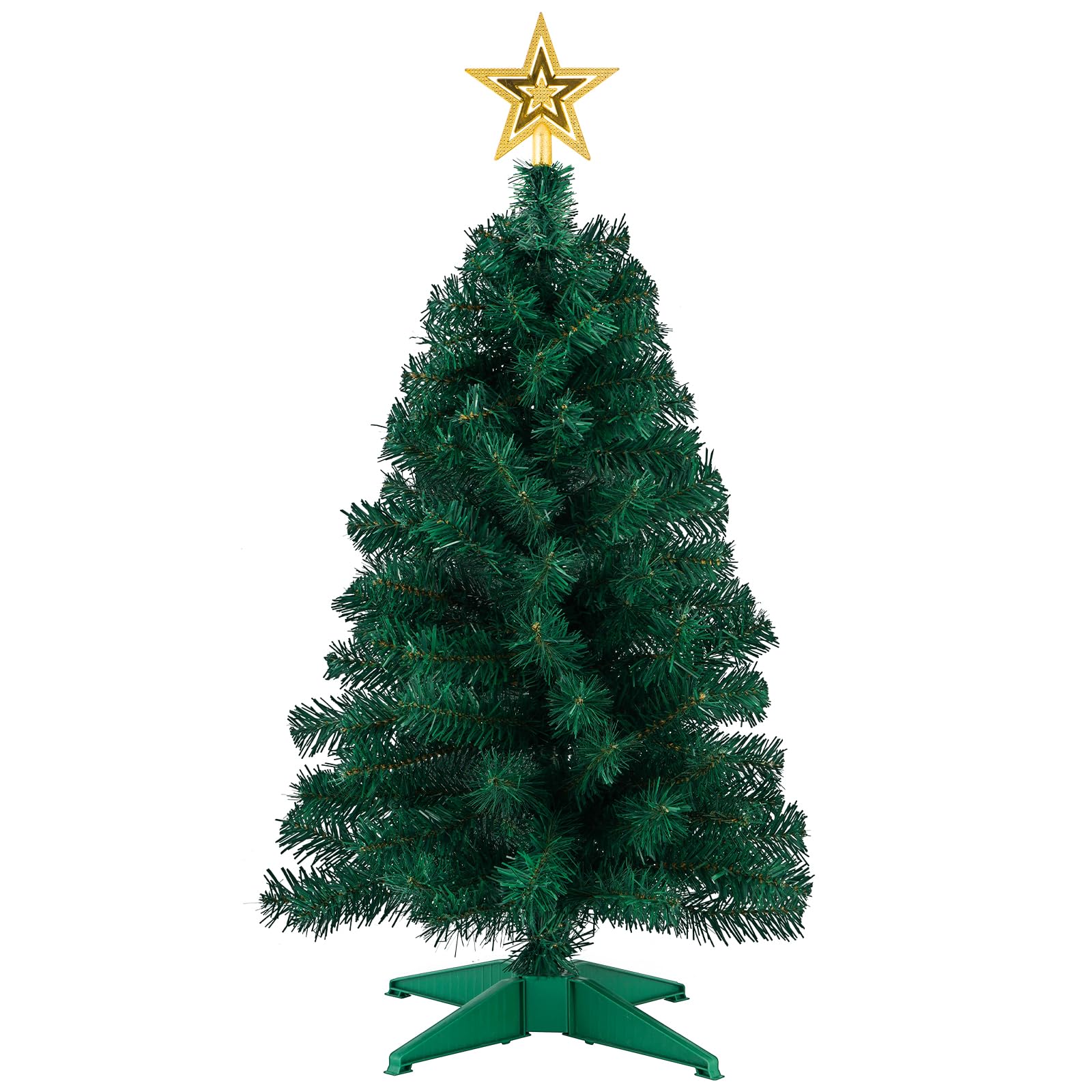 3ft Artificial Christmas Tree with Gold Tree Topper Star, Mini Xmas Pine Tree with 4-Leg Stable Plastic Base, Small Tabletop Chr