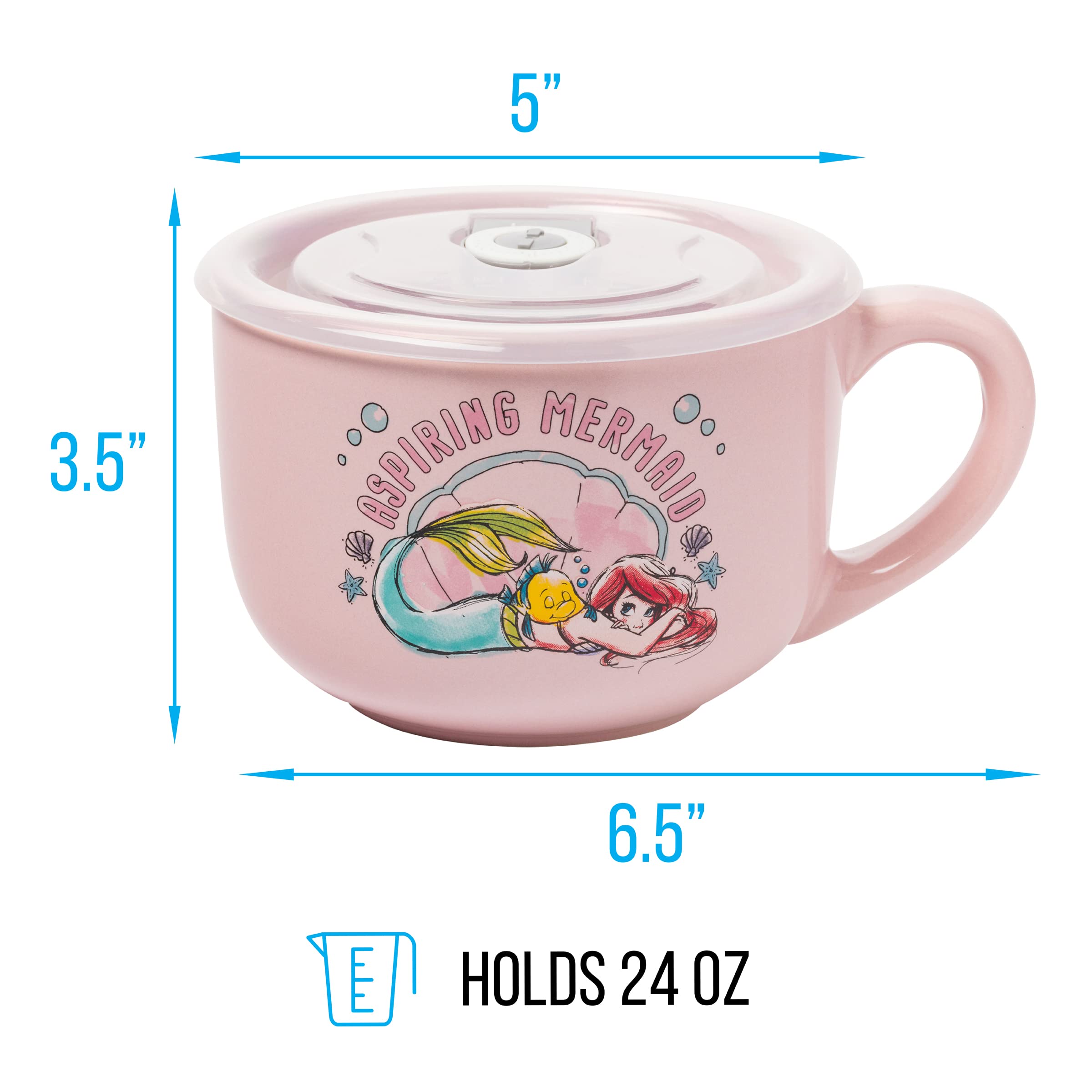 Silver Buffalo Disney Princess Little Mermaid Aspiring Mermaid Ceramic Soup Mug with Vented Plastic Lid, 24 Ounces