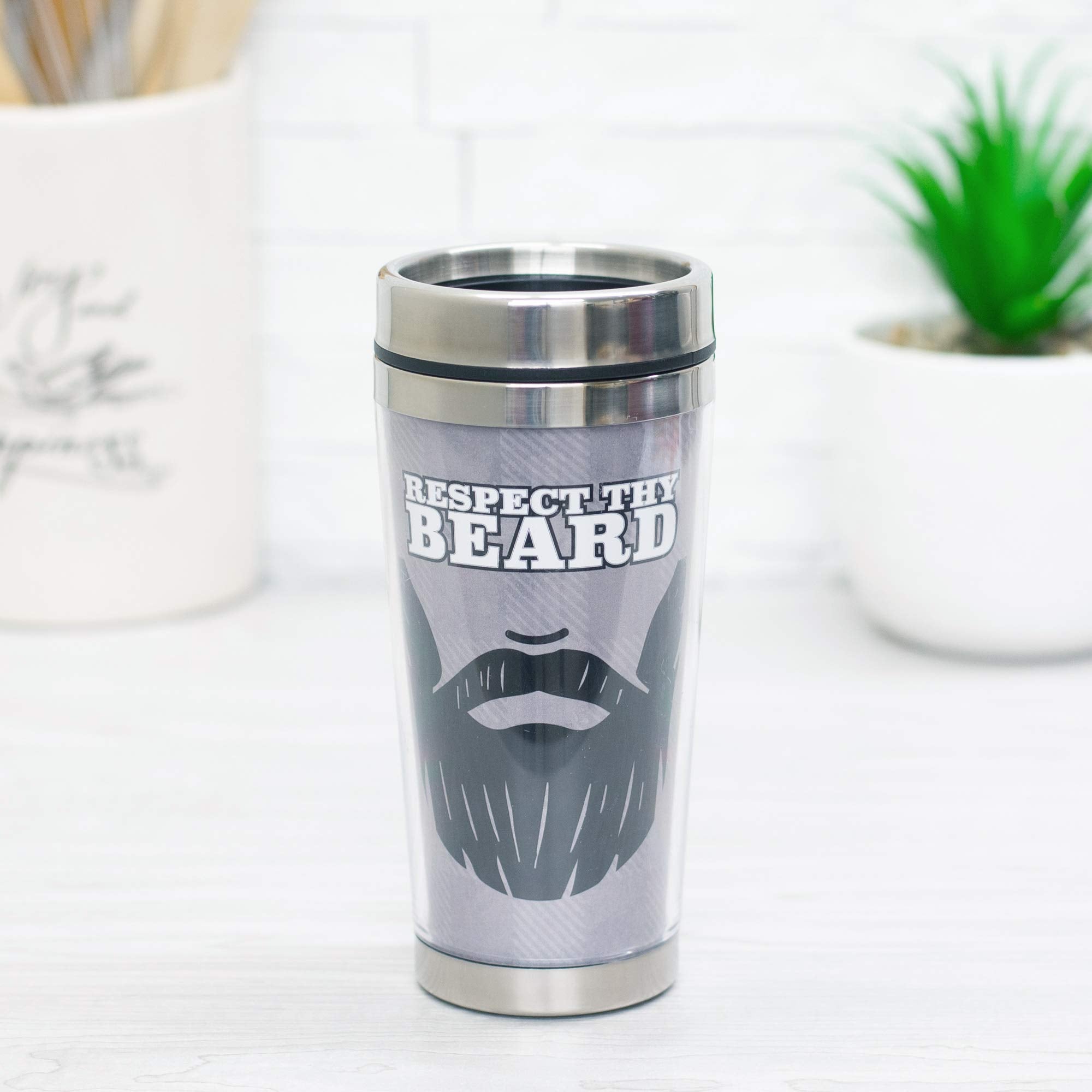 Respect Thy Beard Grey 16 Ounce Stainless Steel Travel Mug Tumbler With Lid