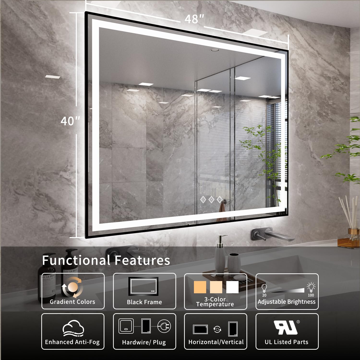 Vanpokins Bathroom Mirror Frame, 48X40 Inch Black Framed Gradient Front And Backlit Led Bathroom Mirror, 3 Colors Dimmable Cri>9