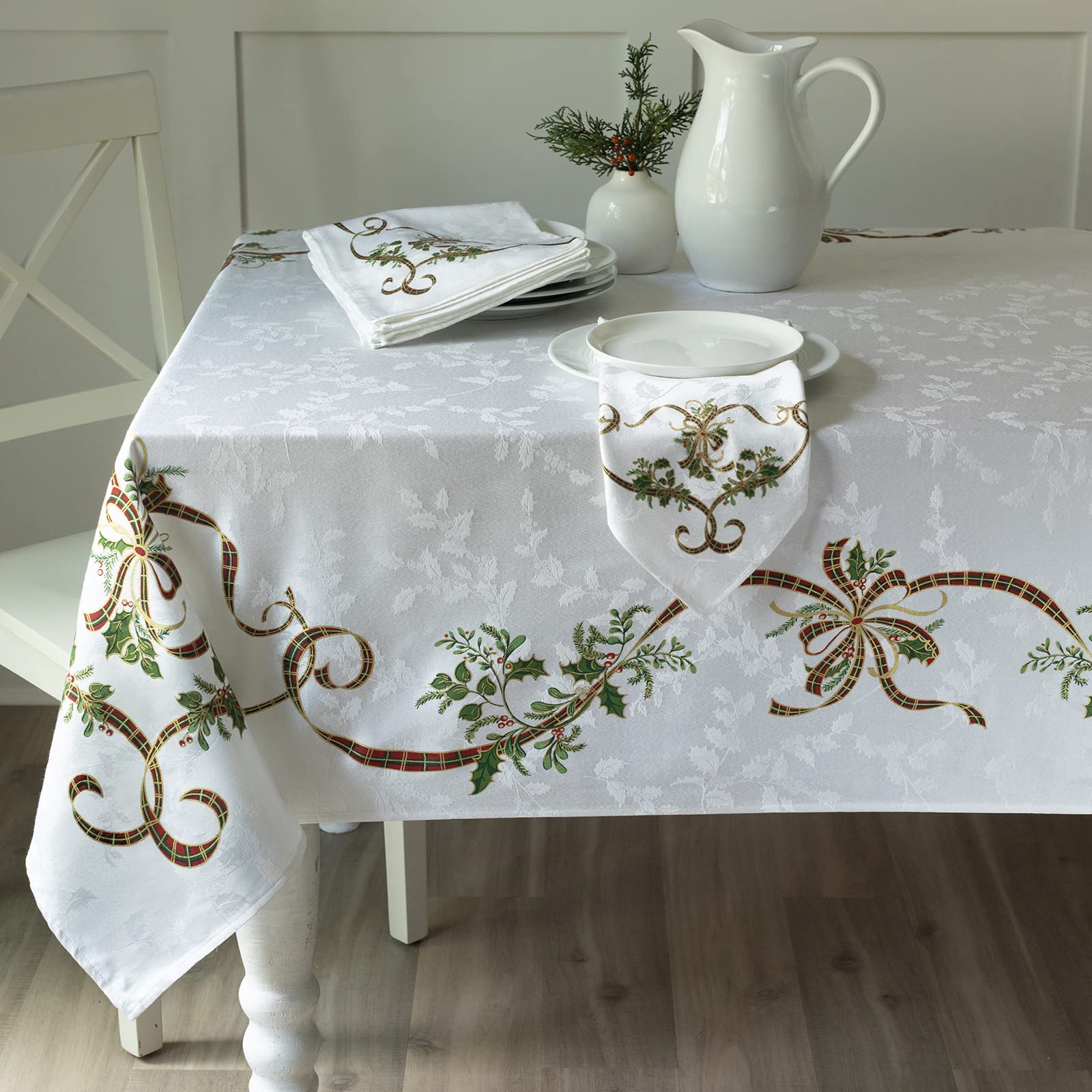 Benson Mills Merry Ribbons Engineered Printed Jacquard Fabric Christmas Table Cloth  Elegant Christmas Tablecloth for All Holiday and Winter (60'' x 84'' Rectangular)