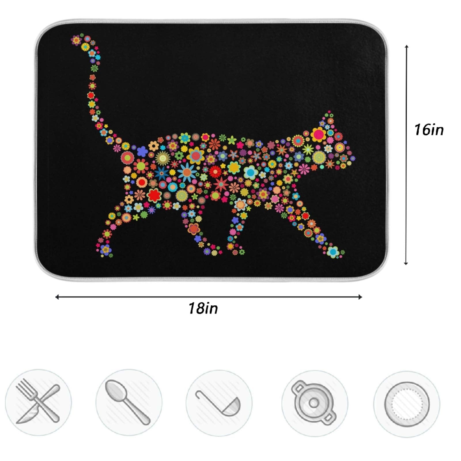 ZzWwR Microfiber Flower Cat Dish Drying Mat, 16"x18", Black, Multi-Purpose Kitchen Counter Protector