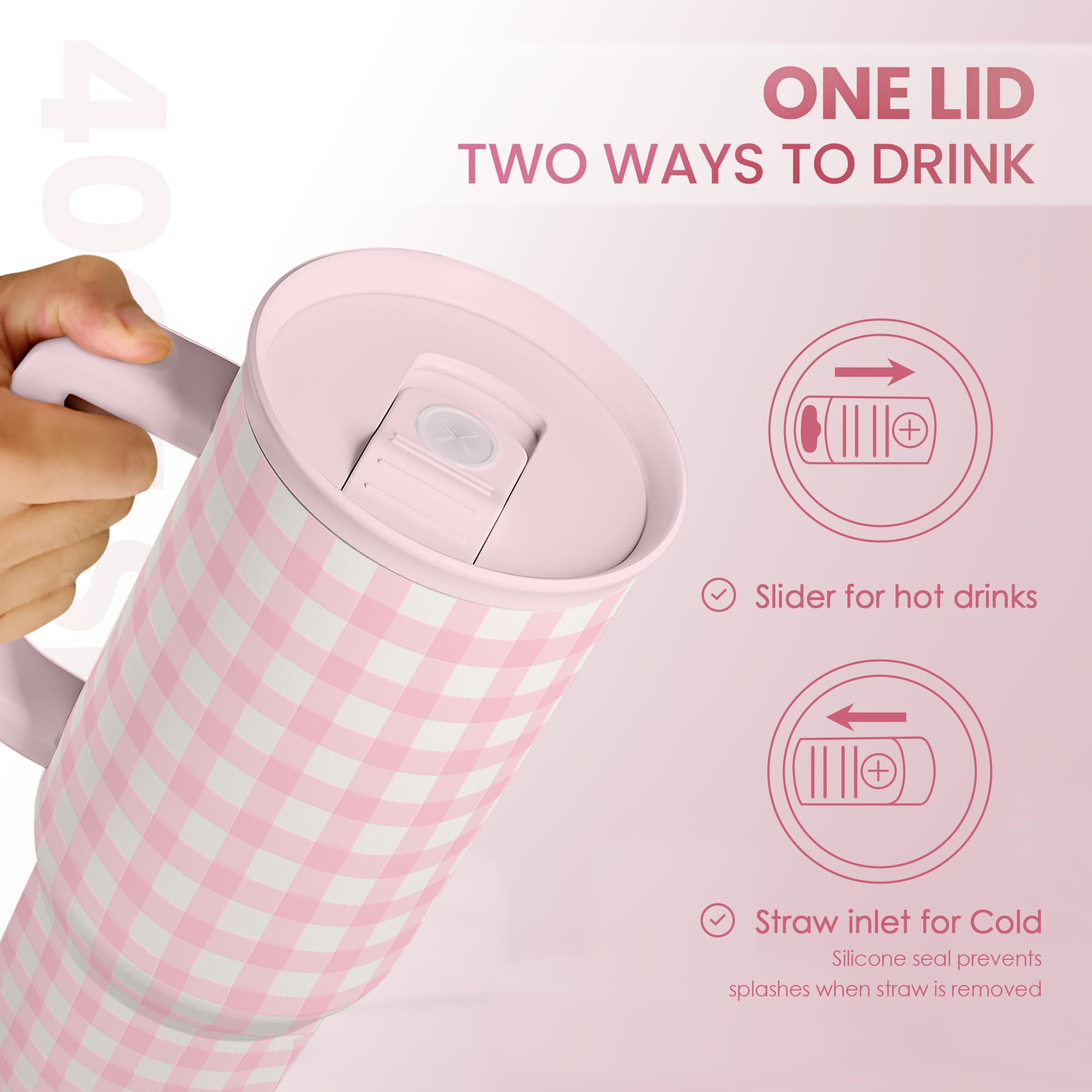 Pink Gingham 40oz Slider Tumbler with Handle and Straw - Insulated Stainless Steel Travel Coffee Mug for Women Girls, Gift for B
