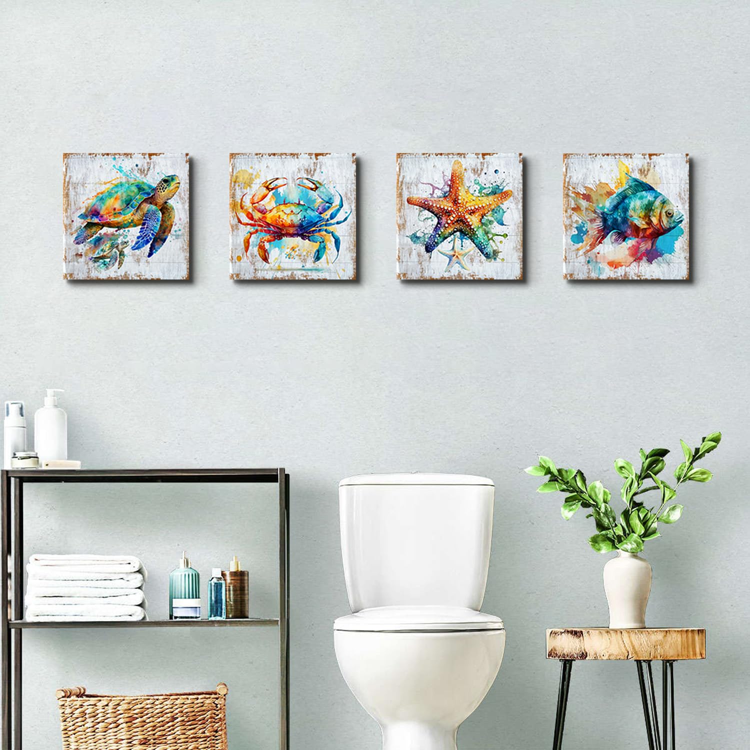 Sea Turtle Bathroom Wall Art Beach Decor Watercolor Fish Crab Starfish Canvas Prints Colorful Sea Animals Coastal Paintings Ocea