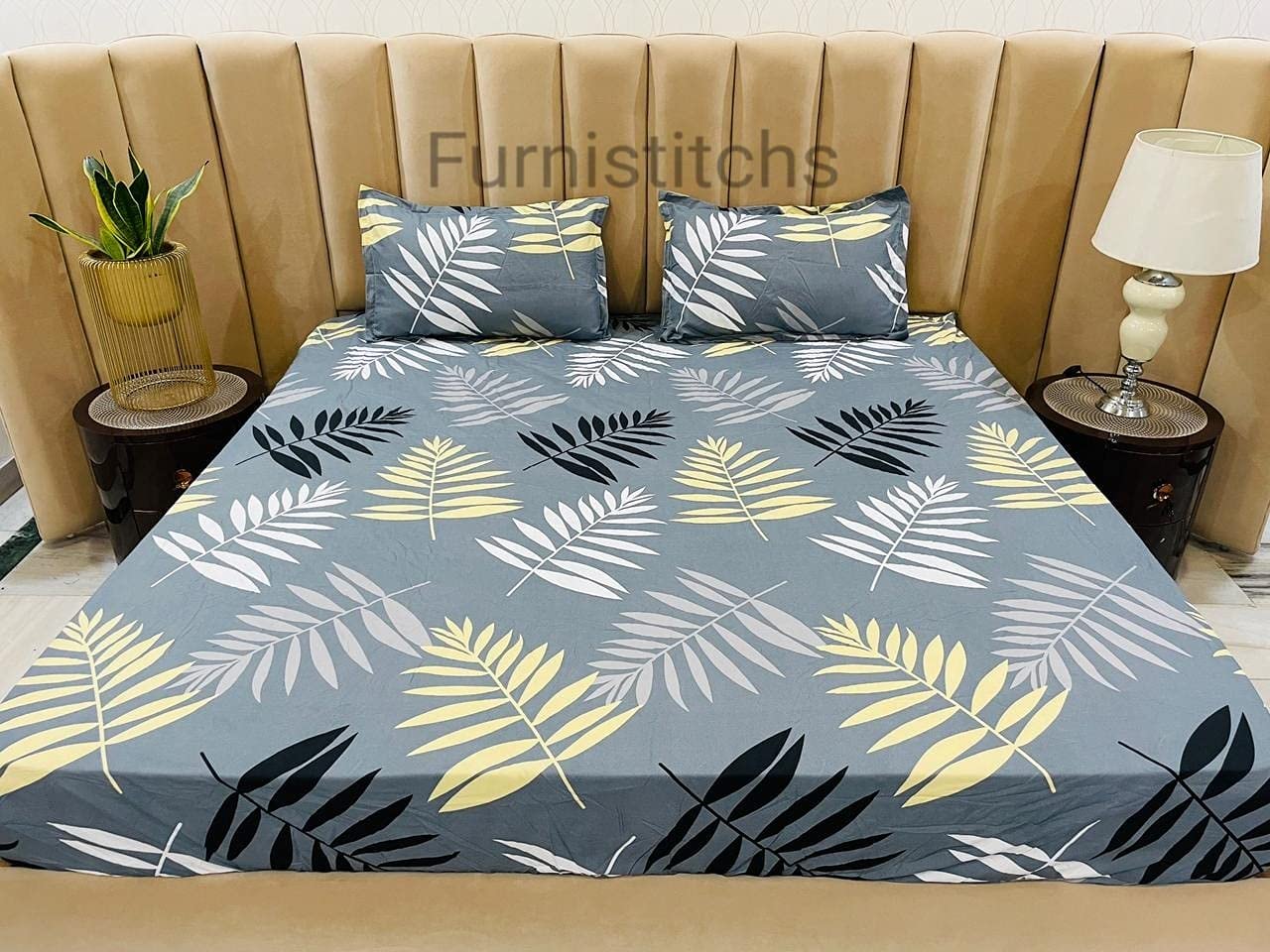 Magnetic Shadow King Size Bed Cover Elastic Fitted Bedsheet With 2 Pillow Covers (240 X 260 Cms, Checkered Blue) (Grey Trees)