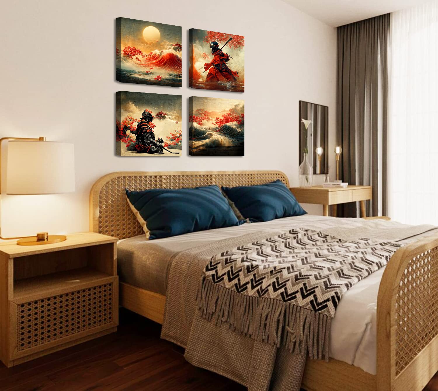 JiazuGo Japanese Wall Art - Japanese Armored Samurai art Painting Anime Posters Wall Decor Asian Warrior Figure Decor for Home Red Plum Blossom Vintage Canvas Ocean Decor Modern Living Room Bedroom
