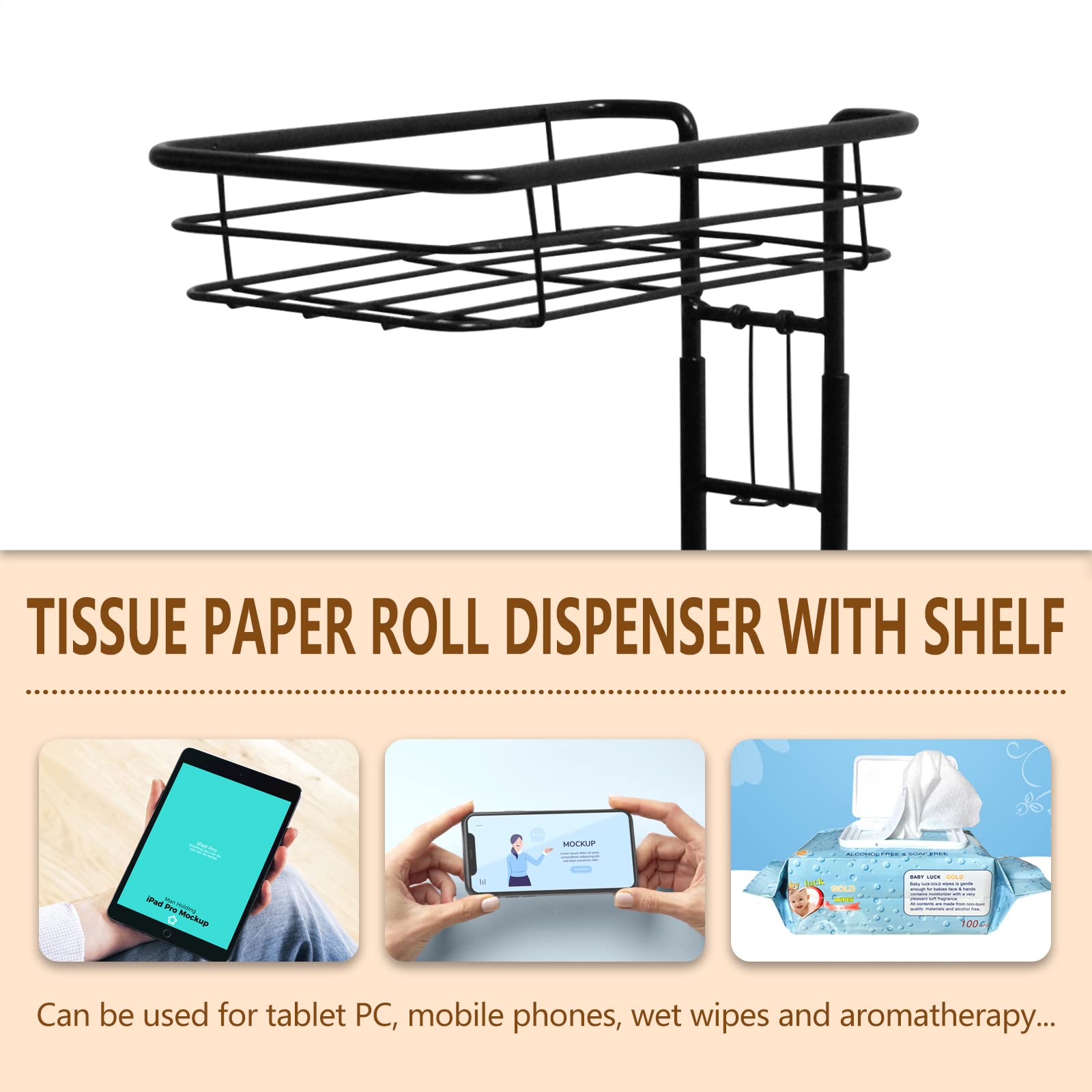 Toilet Paper Holder Stand Bathroom Toilet Paper Storage with Raised Base  Tissue Paper Roll Dispenser with Top Shelf (Black)