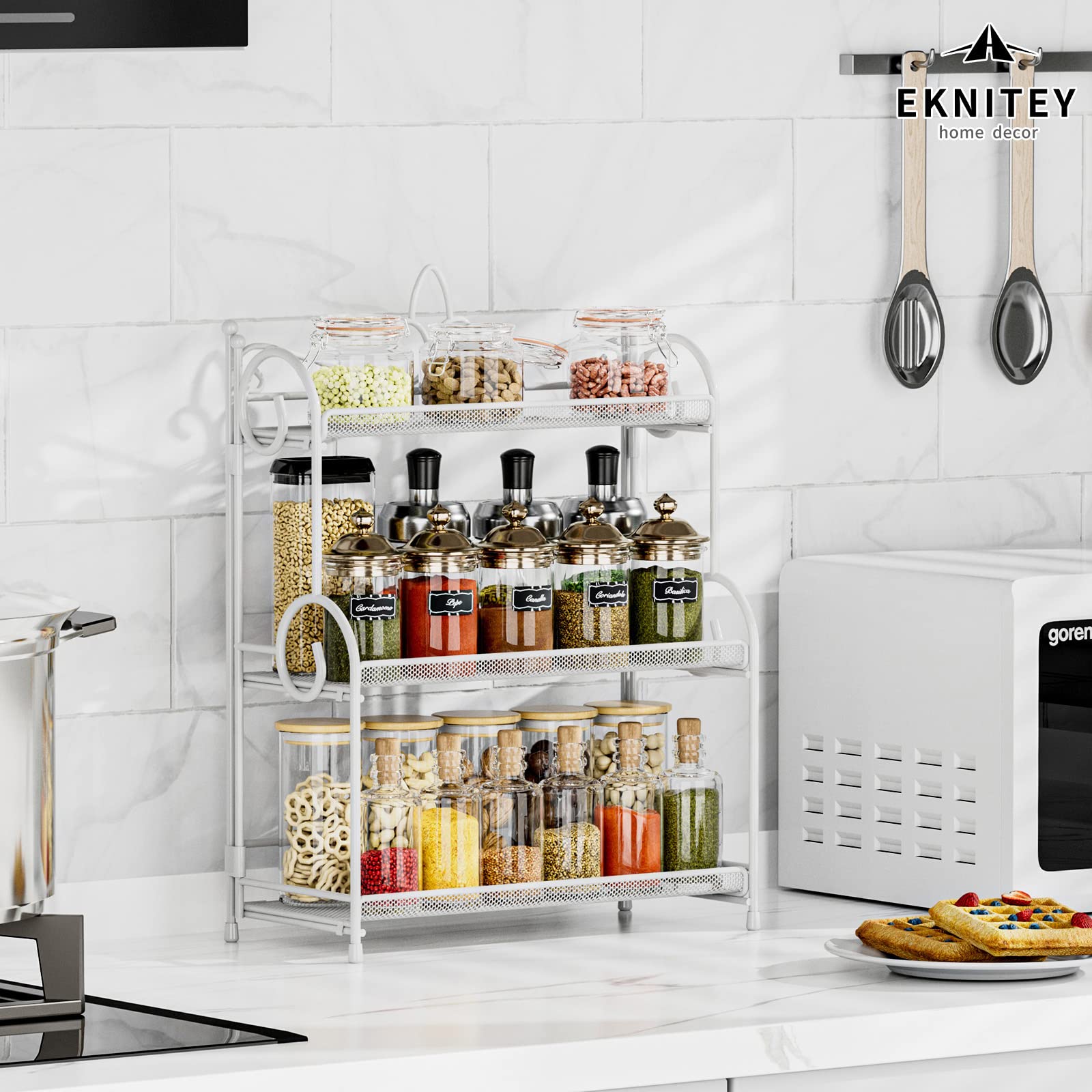 EKNITEY 3 Tier Countertop Organizer - White Metal Bathroom Sink Storage Rack, No Assembly Required