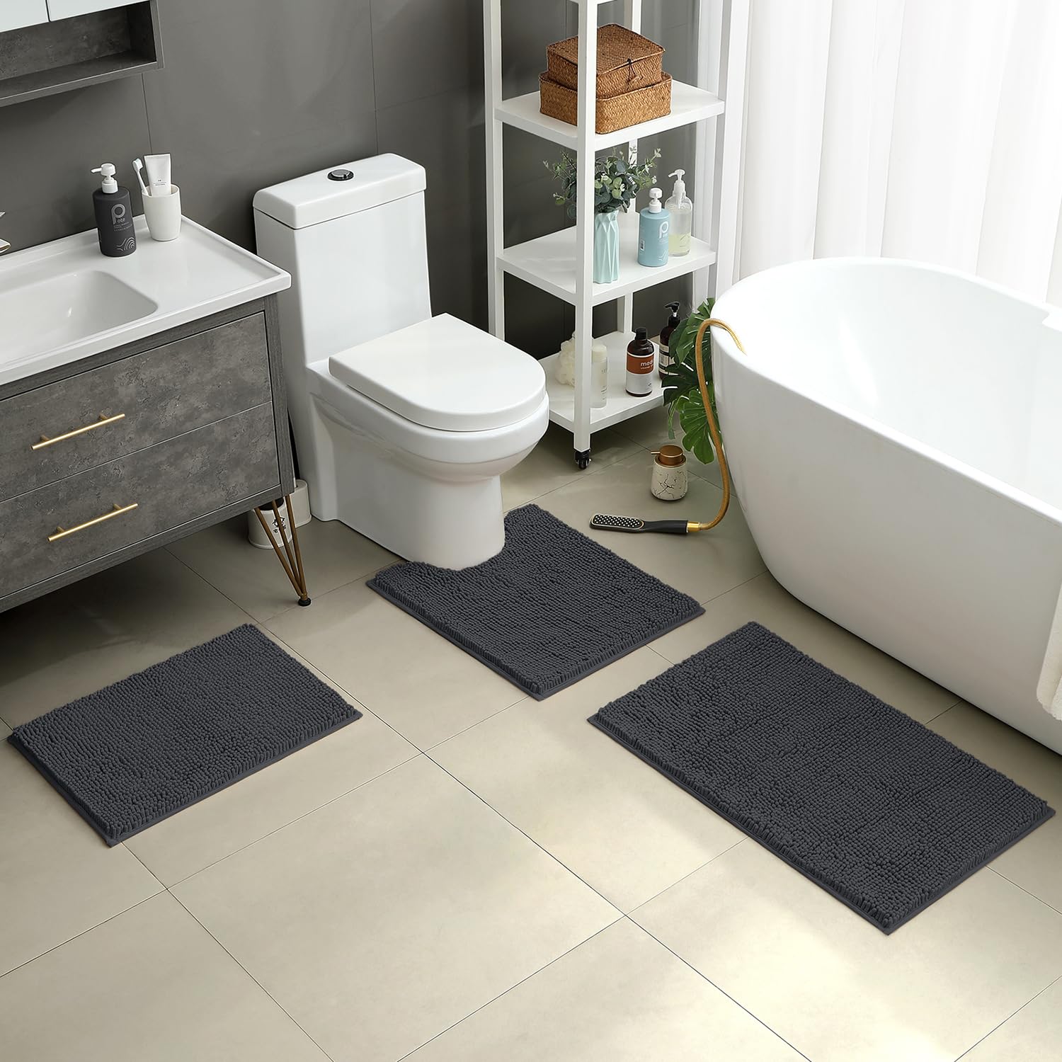 Homeideas 3 Pieces Bathroom Rugs, Ultra Soft Non Slip Absorbent Chenille Toilet Bath Mat Set (Charcoal/Dark Grey)