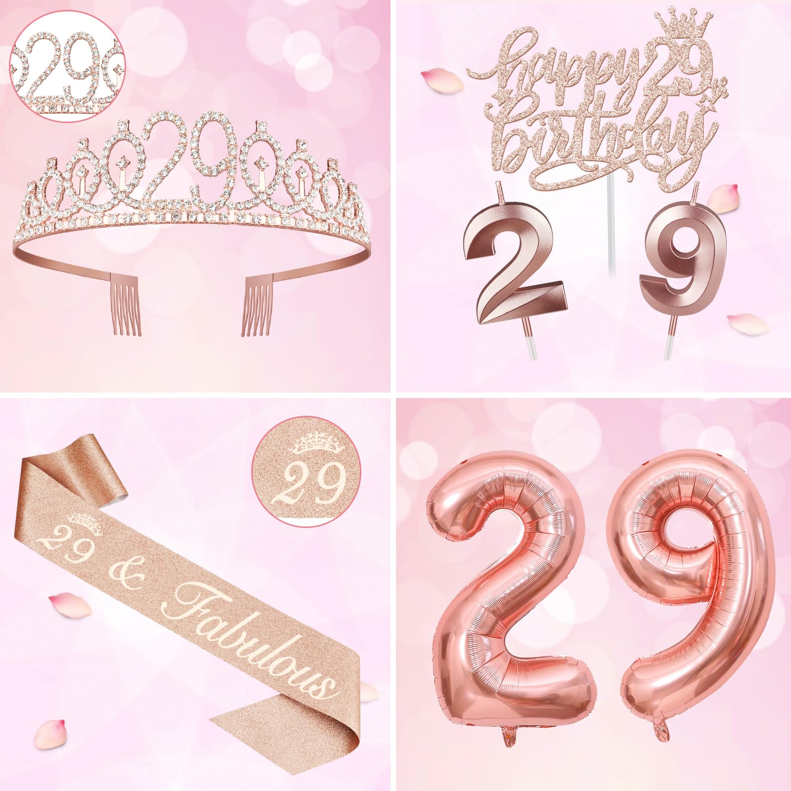 29Th Birthday Decorations For Women Including Birthday Sash, 29Th Tiara For Women, Candles And Cake Toppers, Number 29 Balloons,