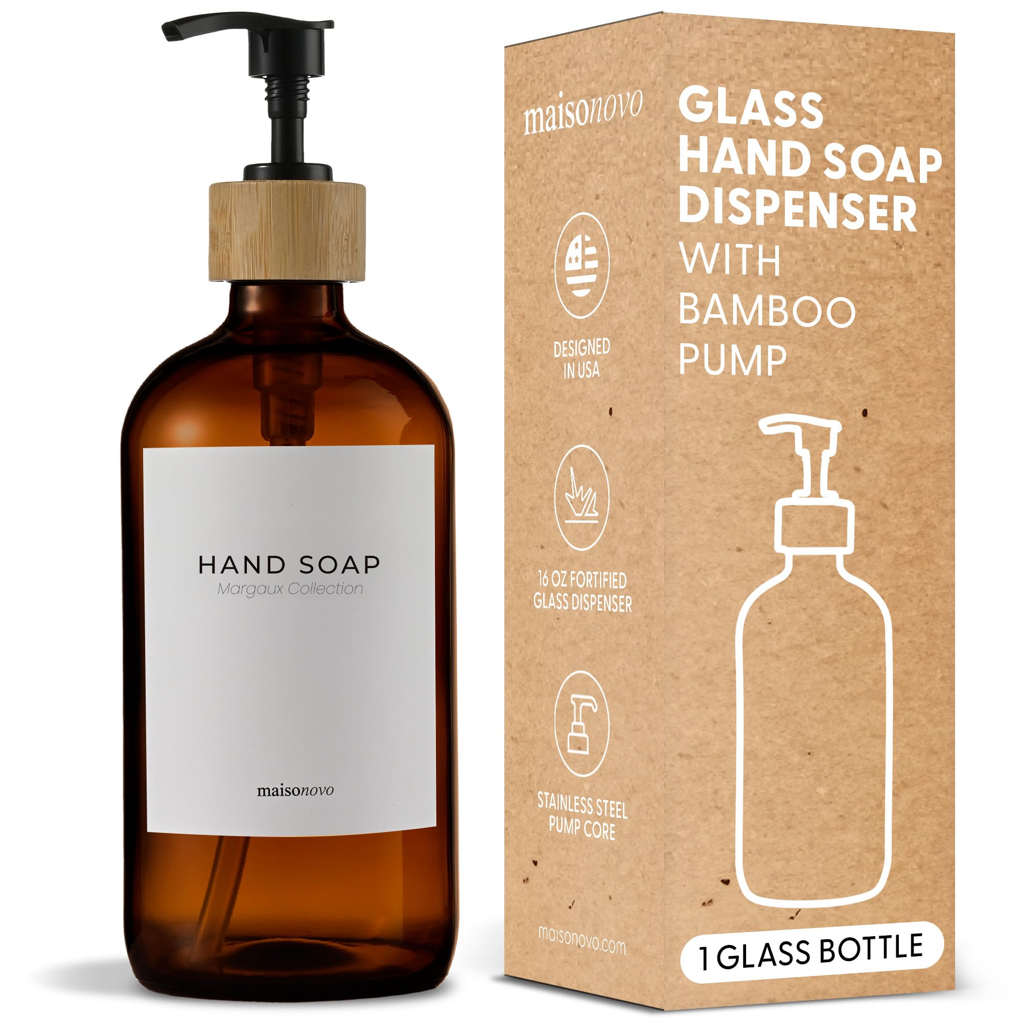 Maisonovo Hand Soap Dispenser | 16.9 Fl Oz Amber Glass Soap Dispenser With Bamboo Pump
