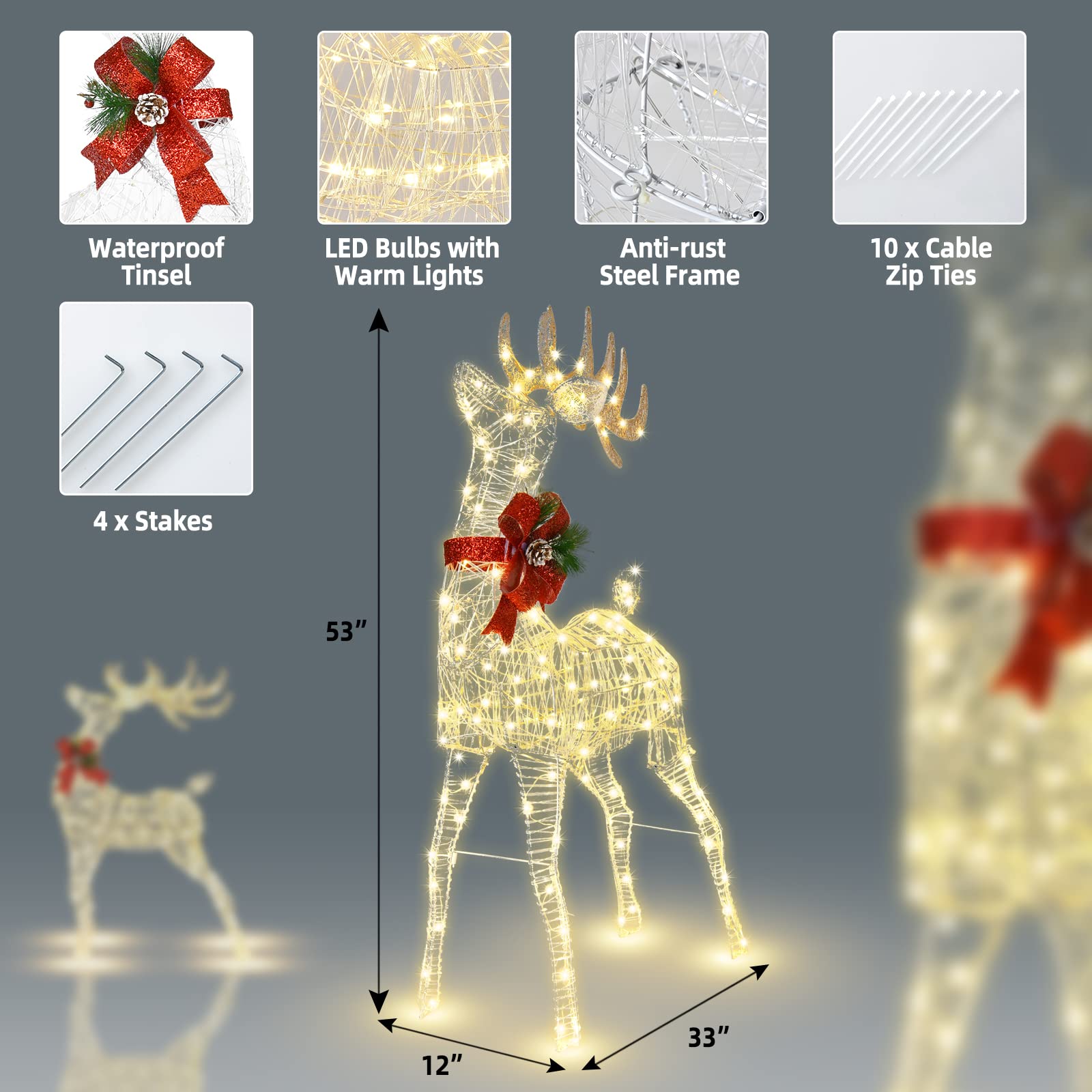Tangkula 4.4 FT Christmas Lighted Reindeer, Outdoor Yard Christmas Decorations with 120 LED Lights, Artificial Xmas D  cor with