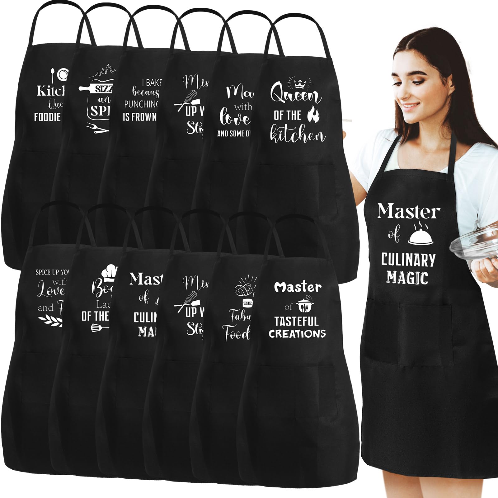 Sliner 12 Pcs Funny Kitchen Baking Cooking Aprons For Women With Pockets Funny Quotes Women Kitchen Aprons Novelty Black Pocket