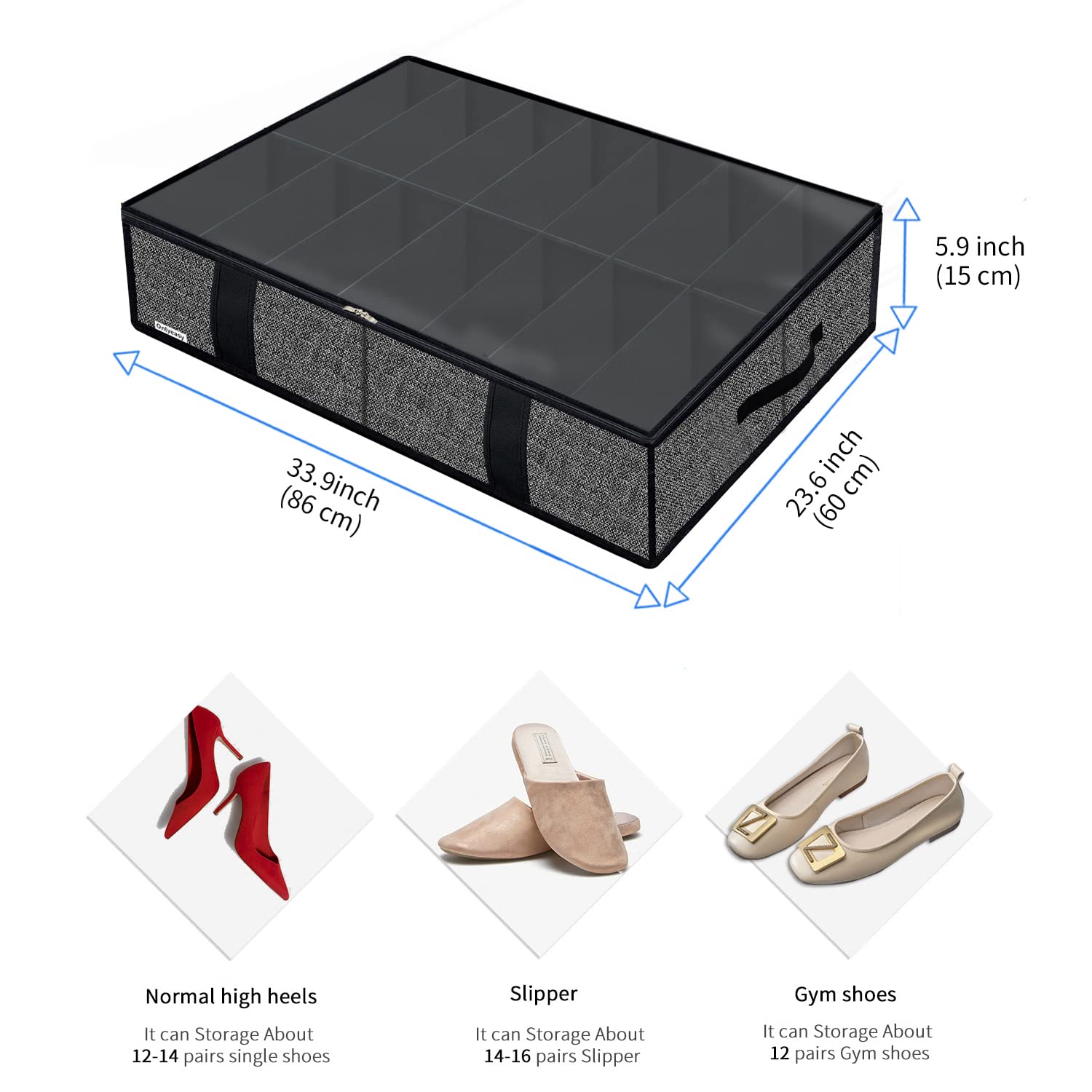 Onlyeasy 2 Pack Large Under Bed Shoe Storage Organizers with Handles & Clear window (14 +14 Pairs), Sturdy Underbed Box Bags for
