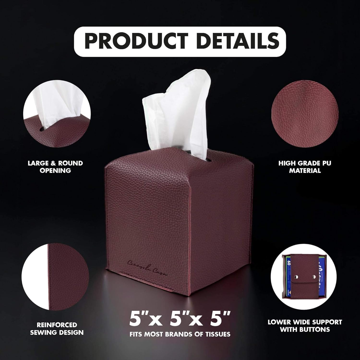 Connsole Casa Premium Pu Leather Tissue Box Holder - Elegant Hotel-Style Cherry Red Tissue Box Cover Enhanced D  Cor Of Home, Of