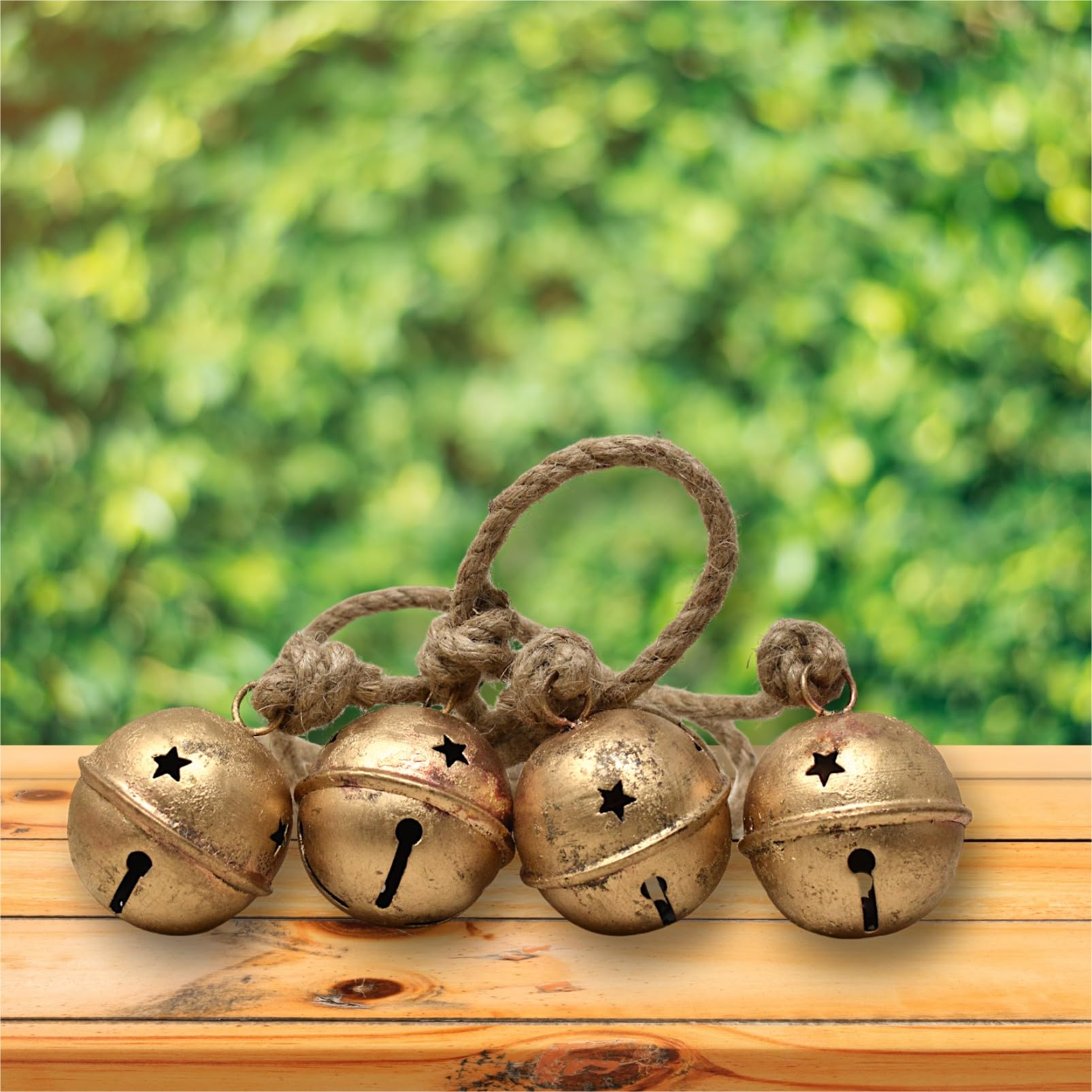 Christmas Sleigh Bells, Hanging Bells Vintage Cowbell Brass Gold Rustic Harmony Metal Jingle Bells Cluster, Tree Bells on Jute R