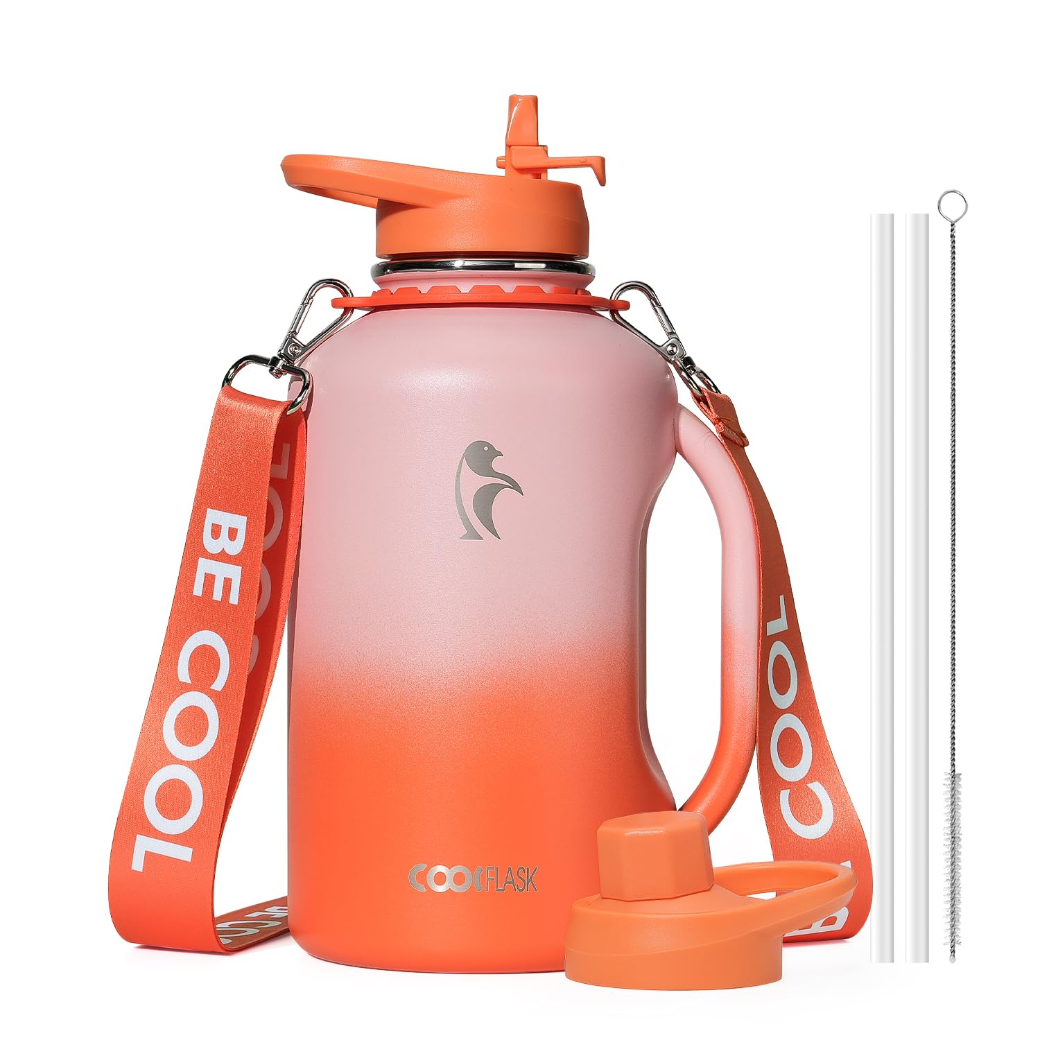 64oz Insulated Water Bottle, Coolflask Half Gallon Water Jug With Handle Straw Stainless Steel Double-Walled Vacuum Metal Large 