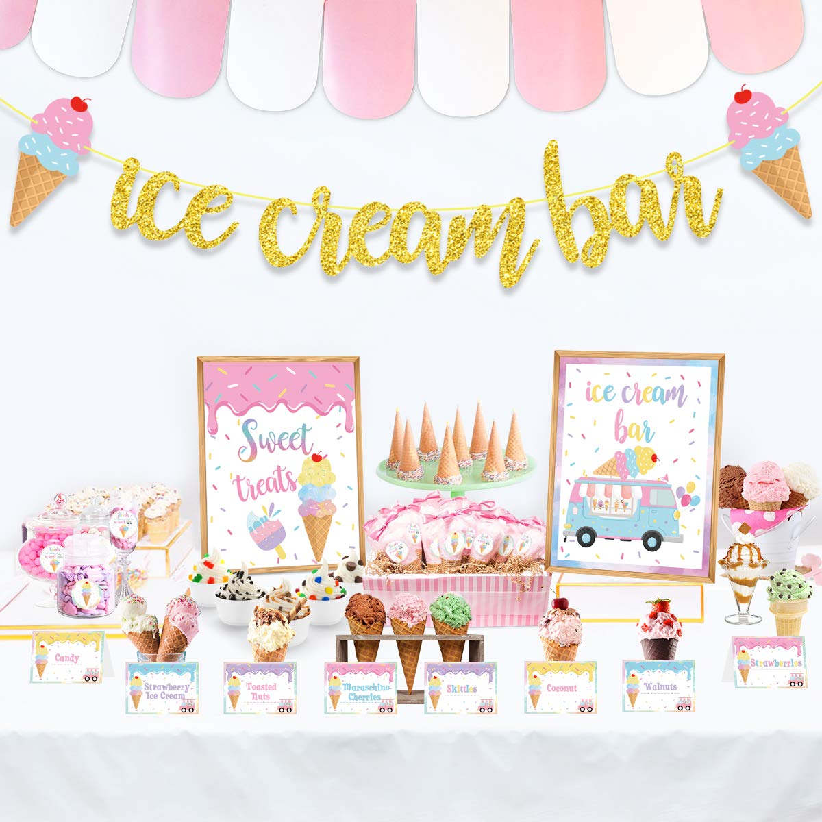 Ice Cream Bar Decor Kit, Summer Ice Cream Sundae Bar Glitter Banner Ice Cream Table Sign Food Labels Tents Cup Tag Sticker For I