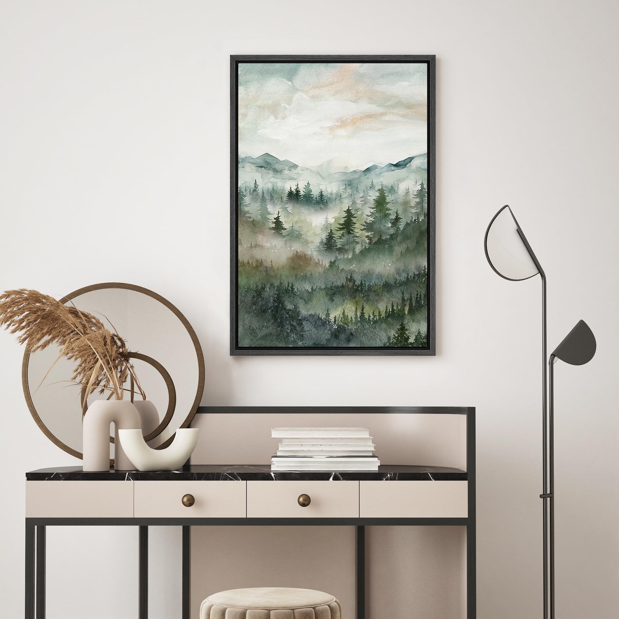 Signwin Framed Canvas Print Wall Art Woodland Nursery Decor Green Winter Mist Mountain Forest Trees Nature Modern Art Decorative