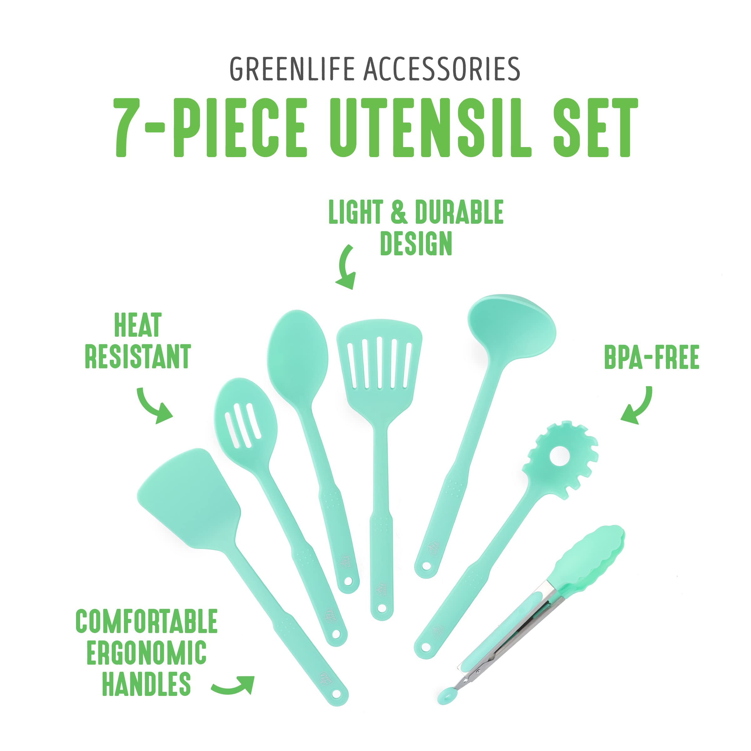 Greenlife Cooking Tools And Utensils, 7 Piece Nylon Set Including Spatulas Turner Spoons And Tongs, Dishwasher Safe, Turquoise
