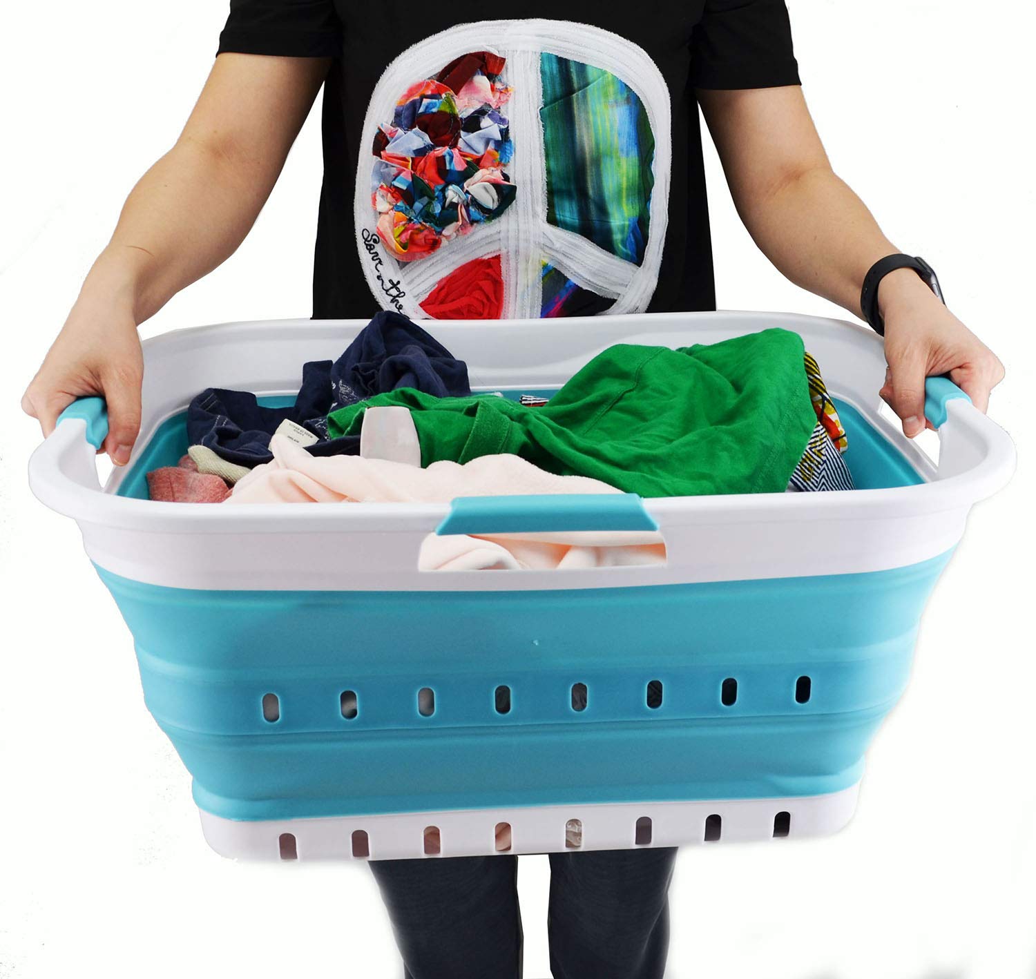 Sammart 42L Collapsible Plastic Laundry Basket - Foldable Pop Up Storage Container/Organizer - Space Saving Hamper/Basket (1, Wh